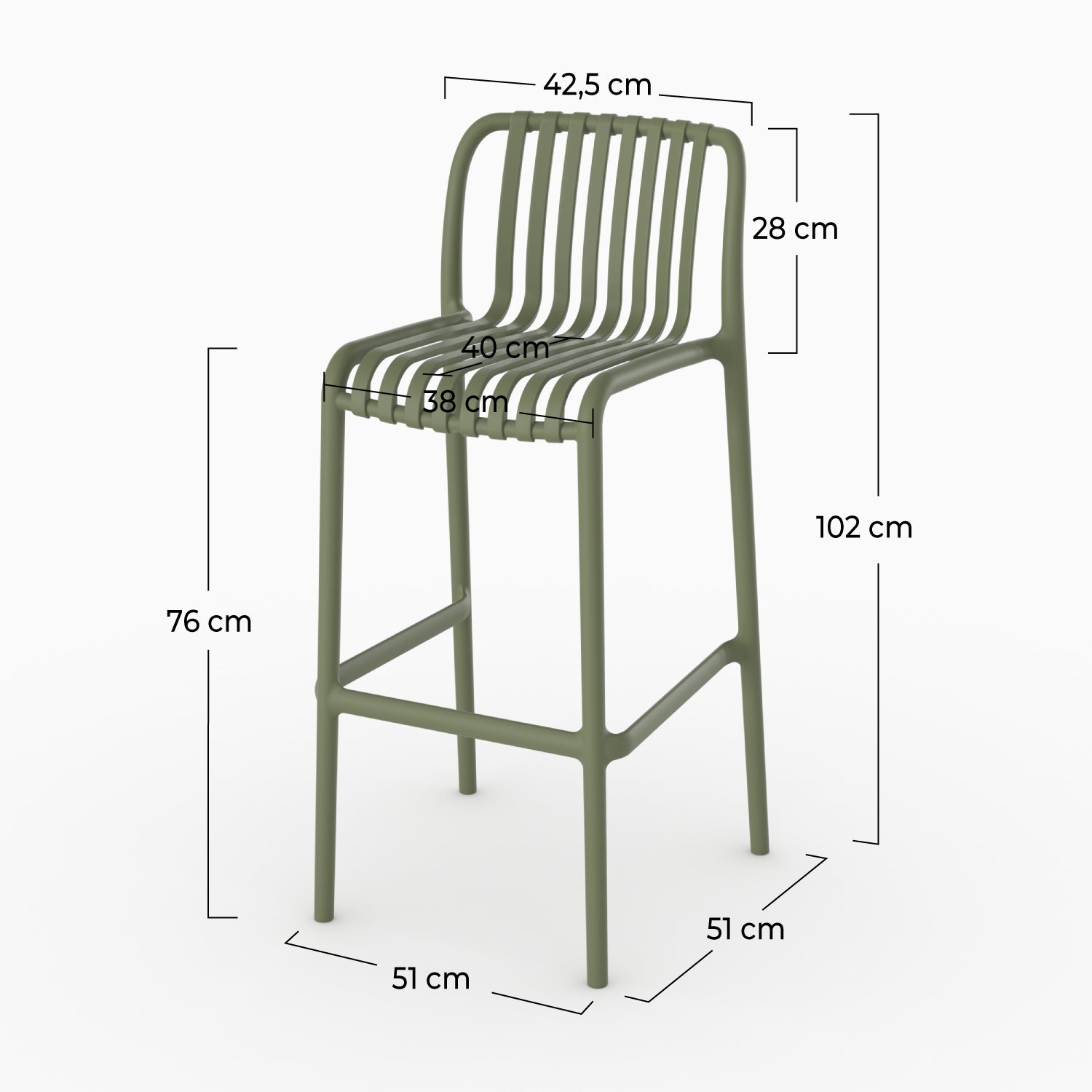 Dimensions chaise bar Duli plastique vert kaki 76cm