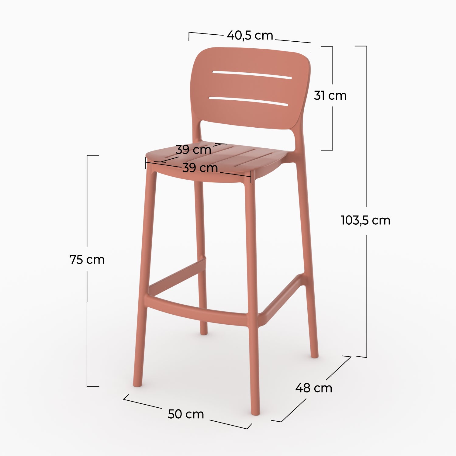 Dimensions chaise bar jardin Duli 75cm plastique terracotta