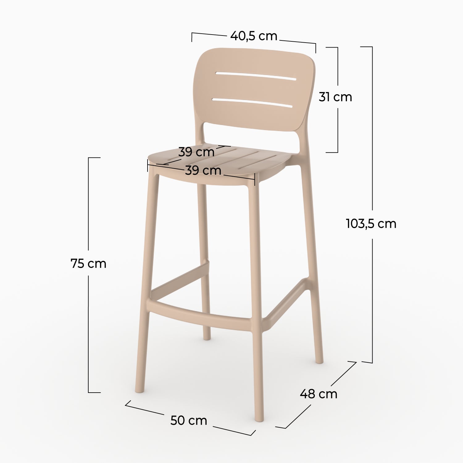 Dimensions chaise bar jardin Lola 75cm plastique beige