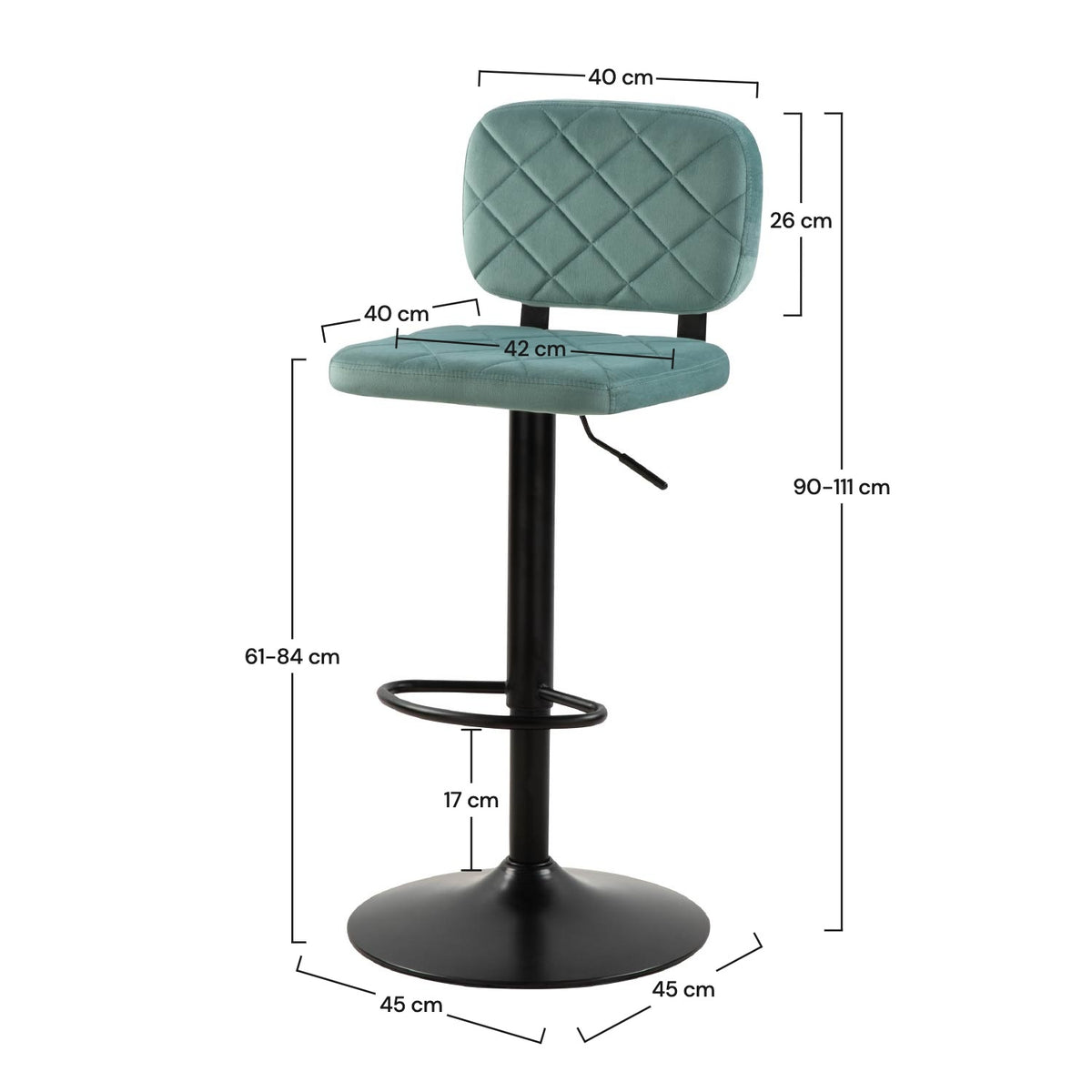 Silla de bar Viktor en terciopelo verde agua 60/81 cm (juego de 2)