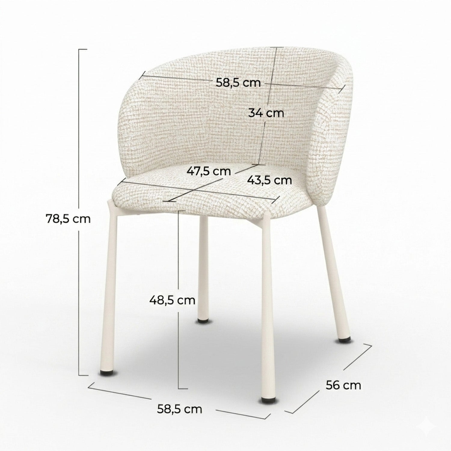 Dimensions chaise Danaé tissu texture écru chiné pieds blancs