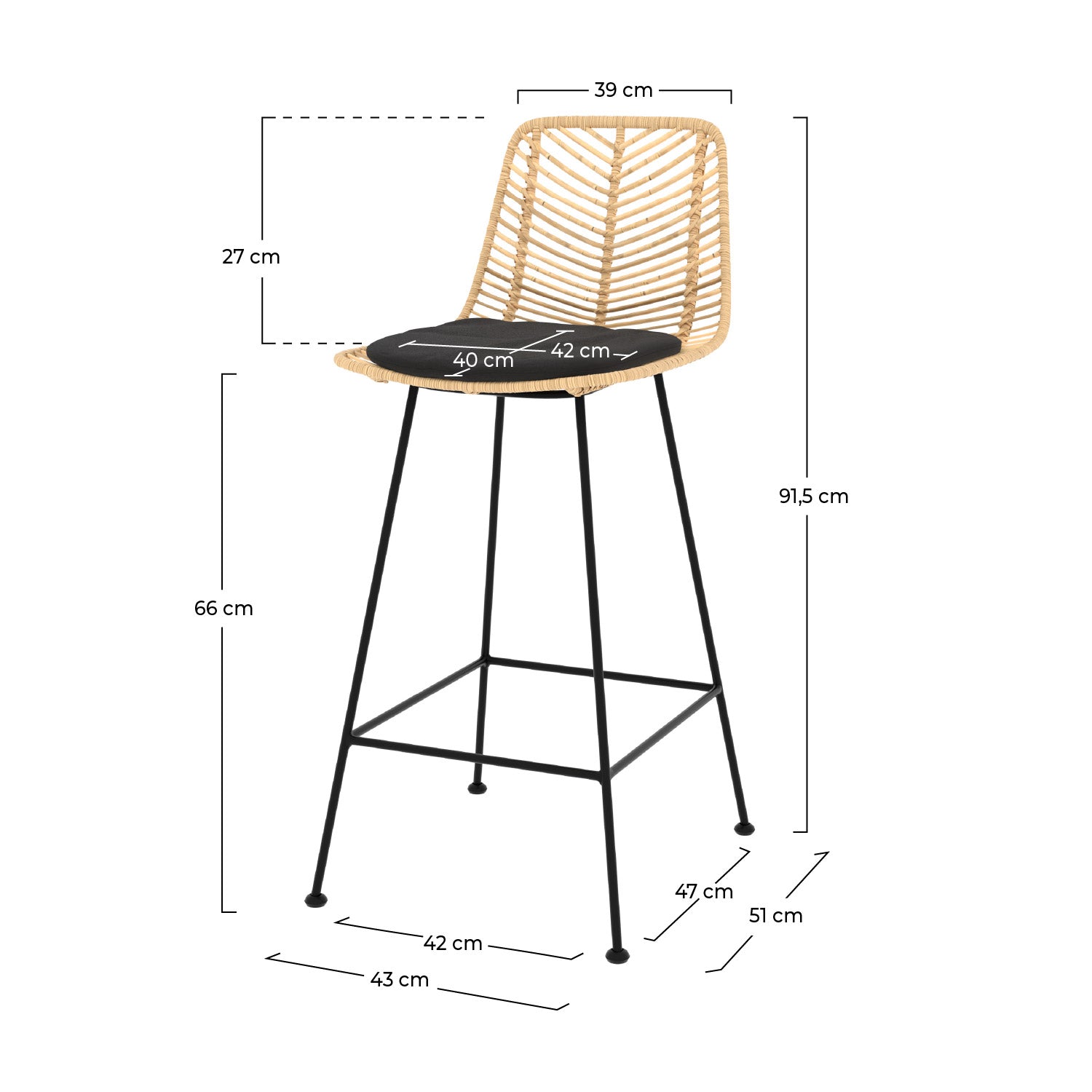Silla de bar de media altura Tamara de ratán natural y negro 66 cm (lote de 2)