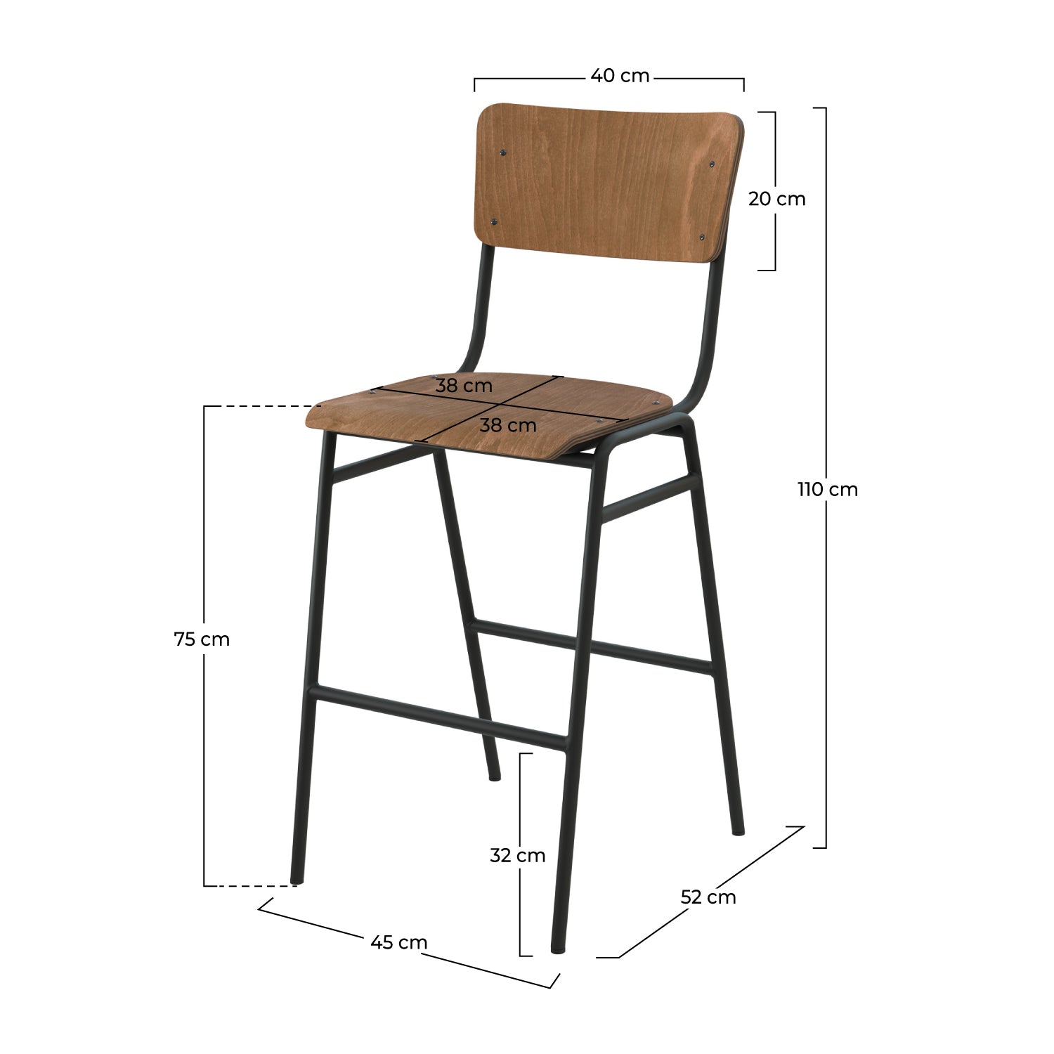 Chaise de bar écolier Clem en bois foncé 75 cm (lot de 2)