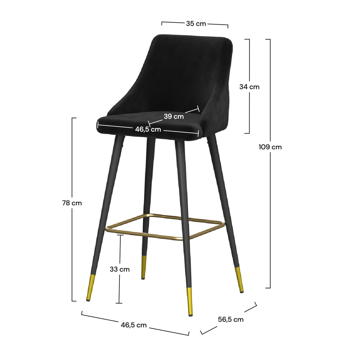 Silla de bar Aristote en terciopelo negro 77,5 cm (juego de 2)
