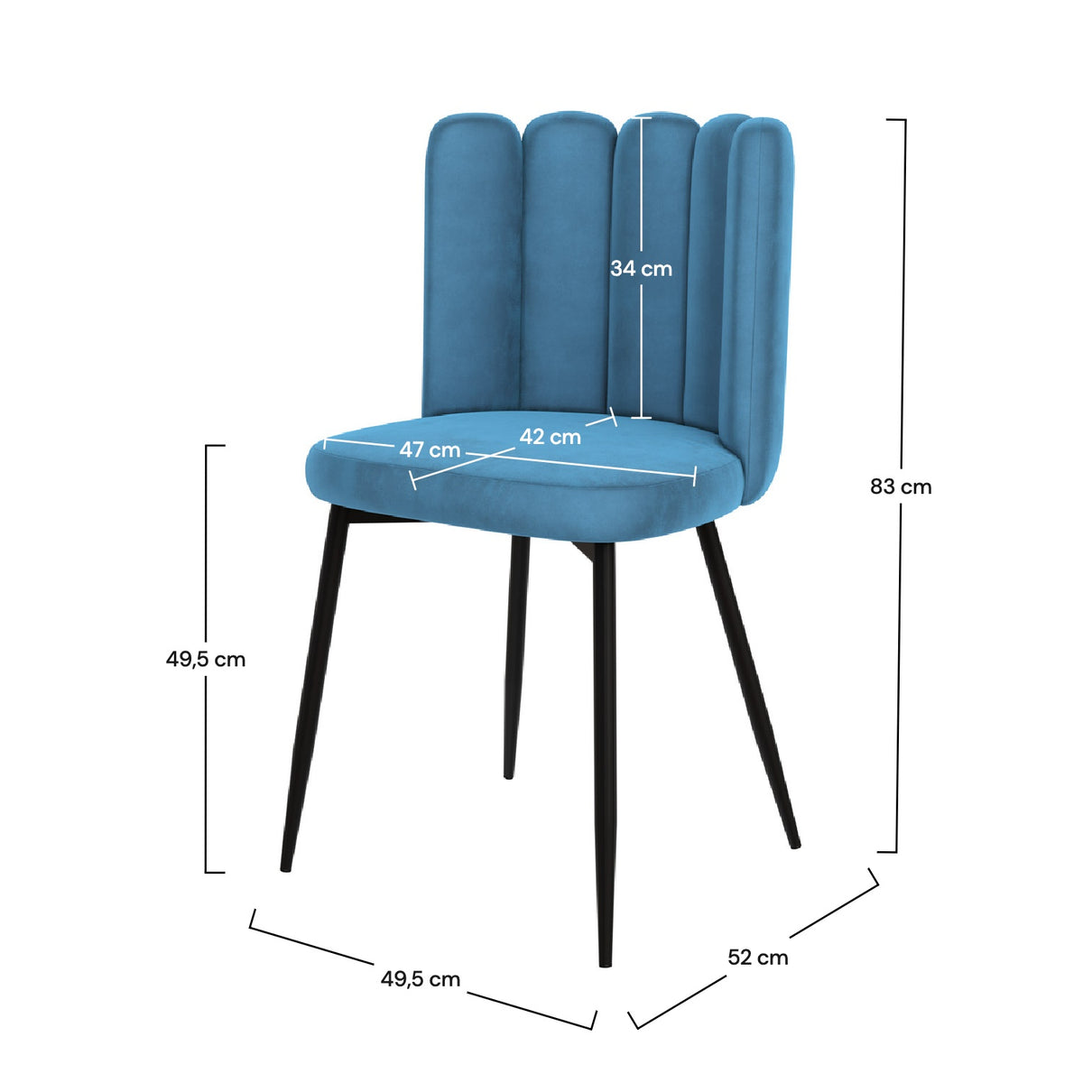 Dimensions chaise en velours bleu pieds en métal noir – Maison Pavane