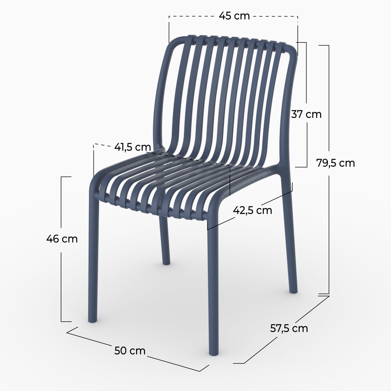 Dimensions chaise jardin Duli bleu marine plastique empilable schema côtés