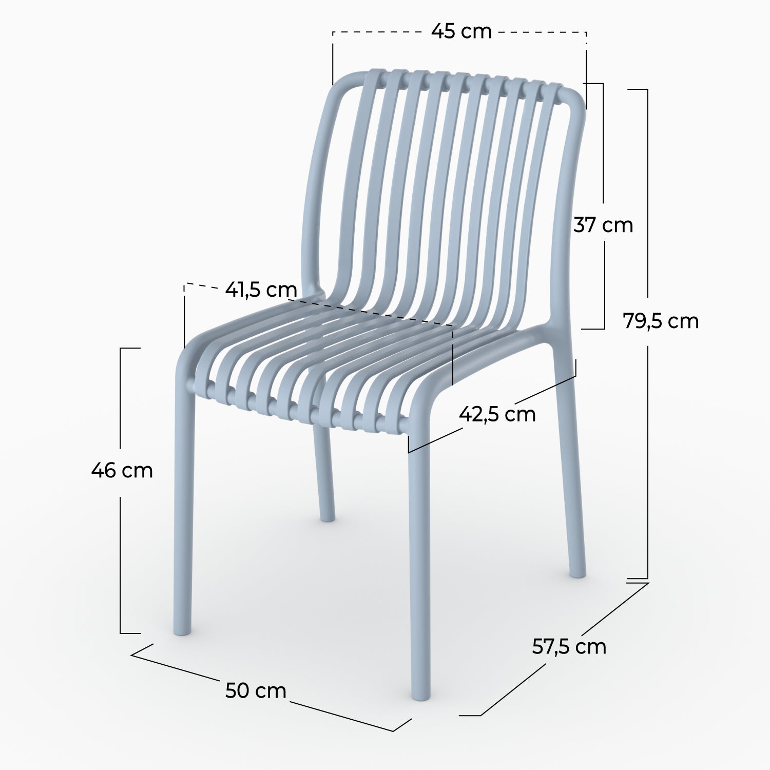 Dimensions chaise jardin Duli bleu pastel plastique empilable schema côtés