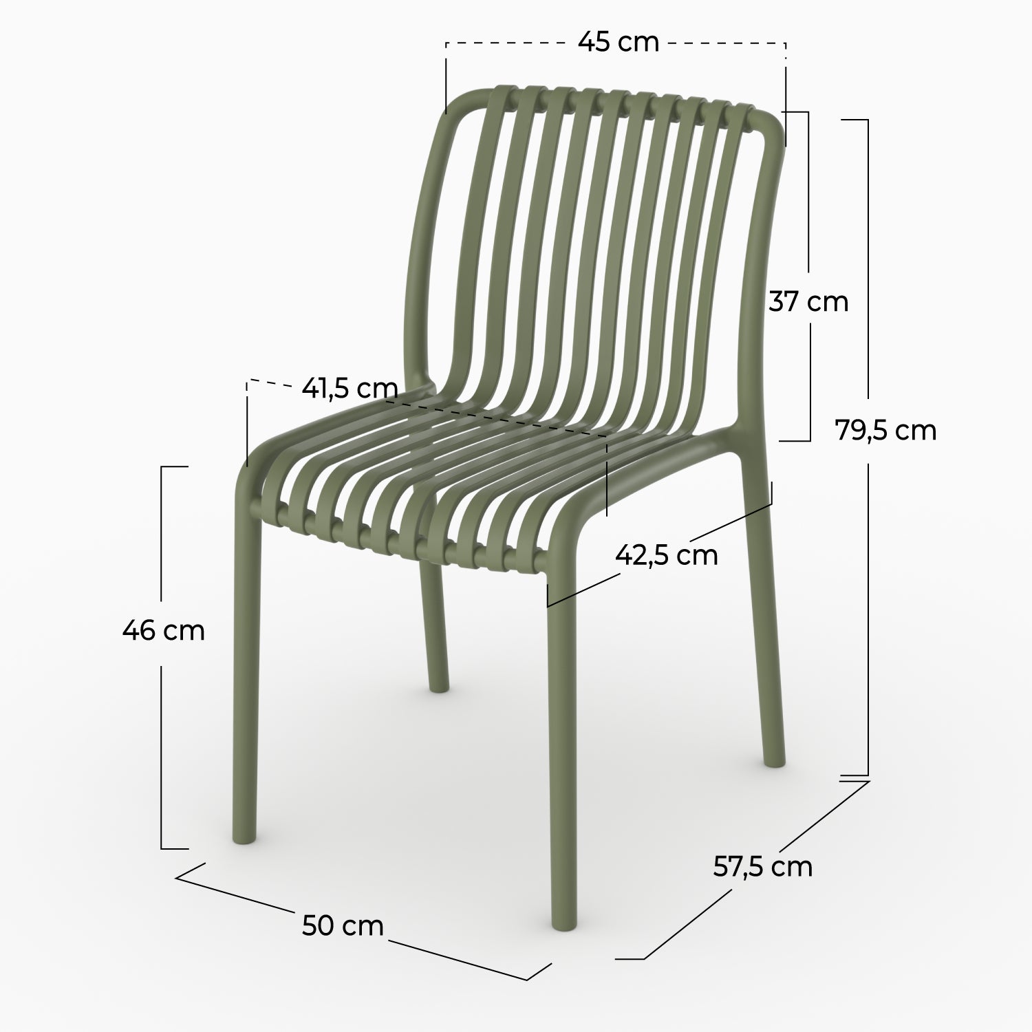 Dimensions chaise jardin empilable Duli plastique vert kaki