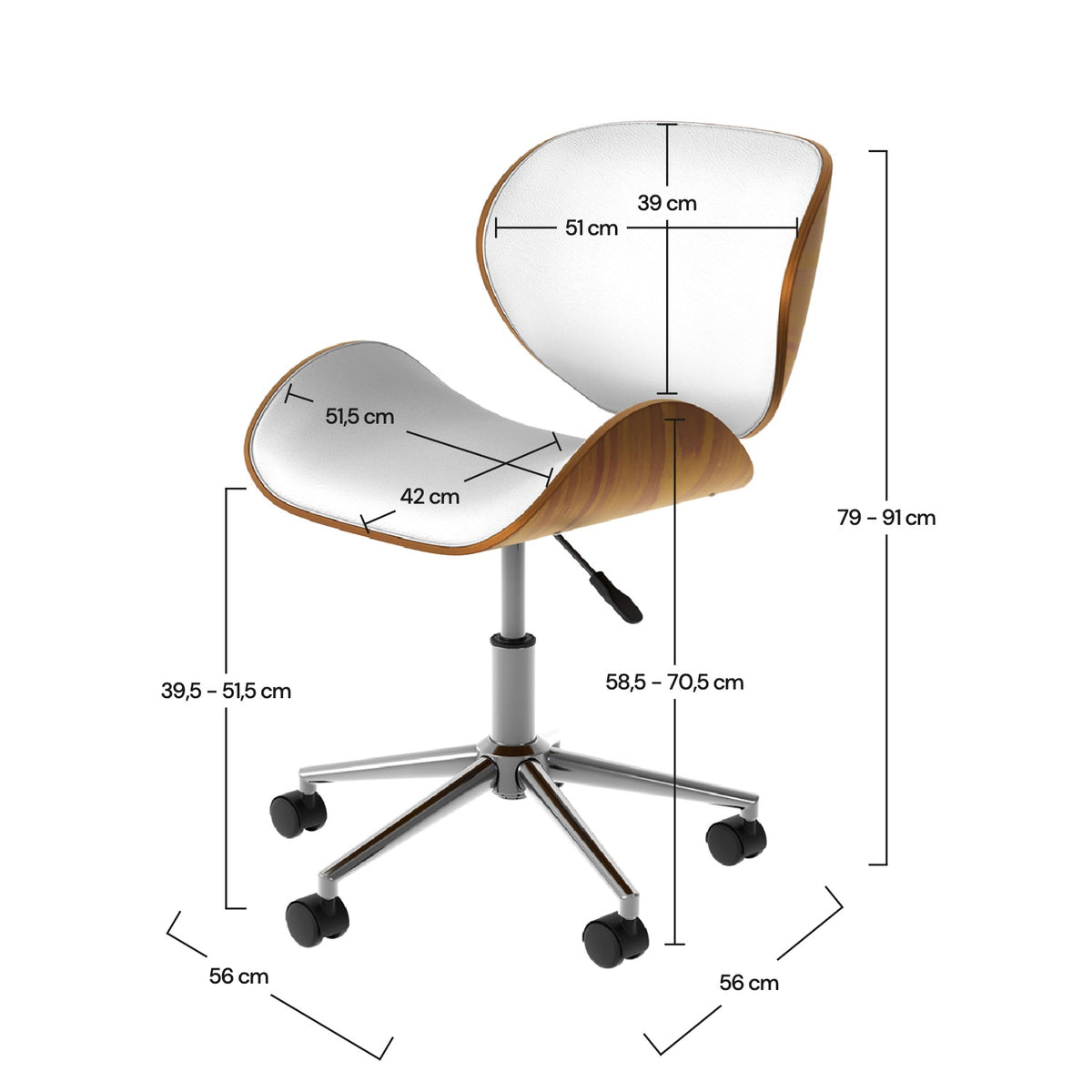 Dimensions chaises de bureau cuir synthétique blanc bois pivotante réglable – Maison Pavane