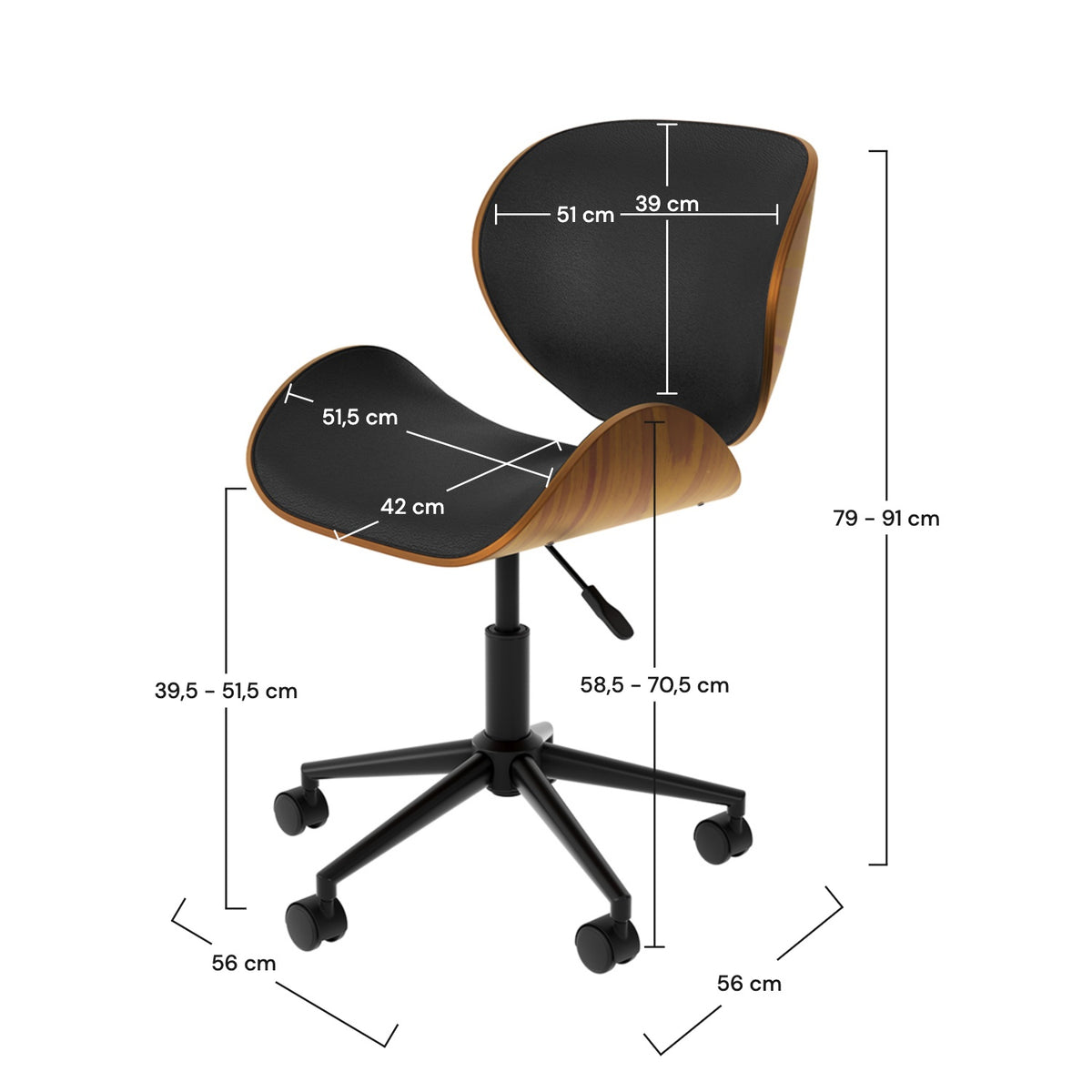 Dimensions chaises de bureau cuir synthétique noir et bois pivotante réglable roulette – Maison Pavane