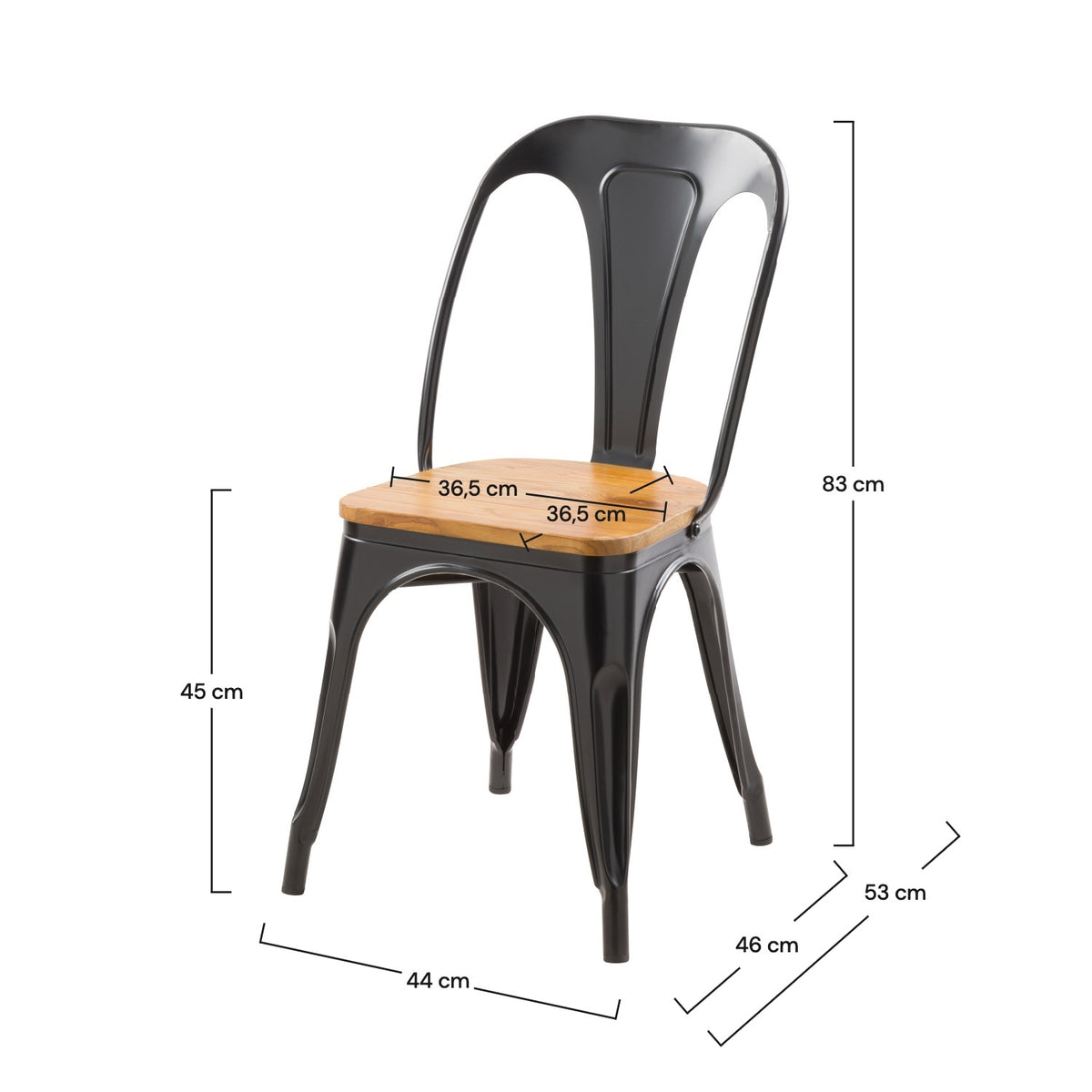 Dimensions chaises métal noir assise en bois marron Yoanna – Maison Pavane