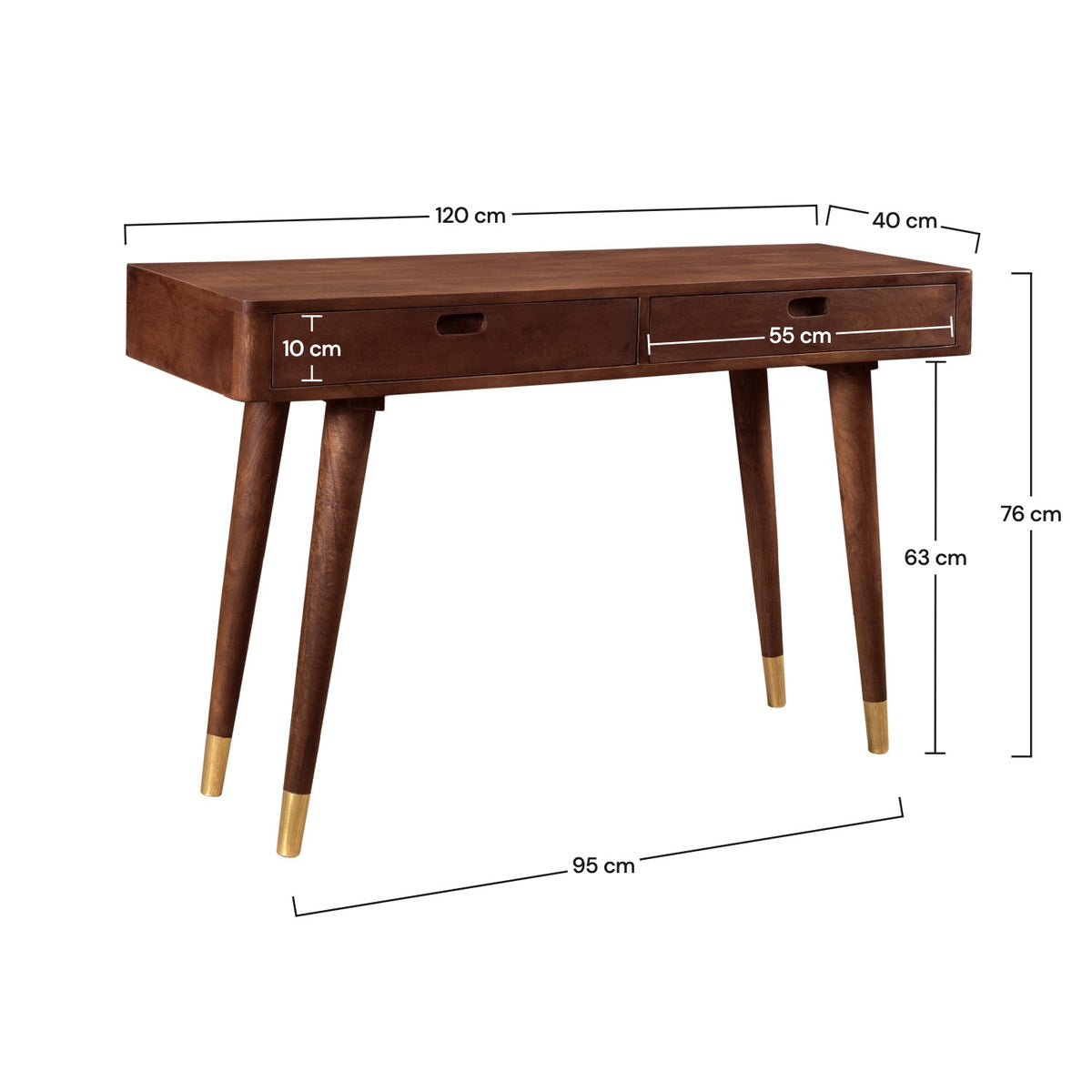 Dimensions console en bois pieds dorés 2 tiroirs – Maison Pavane