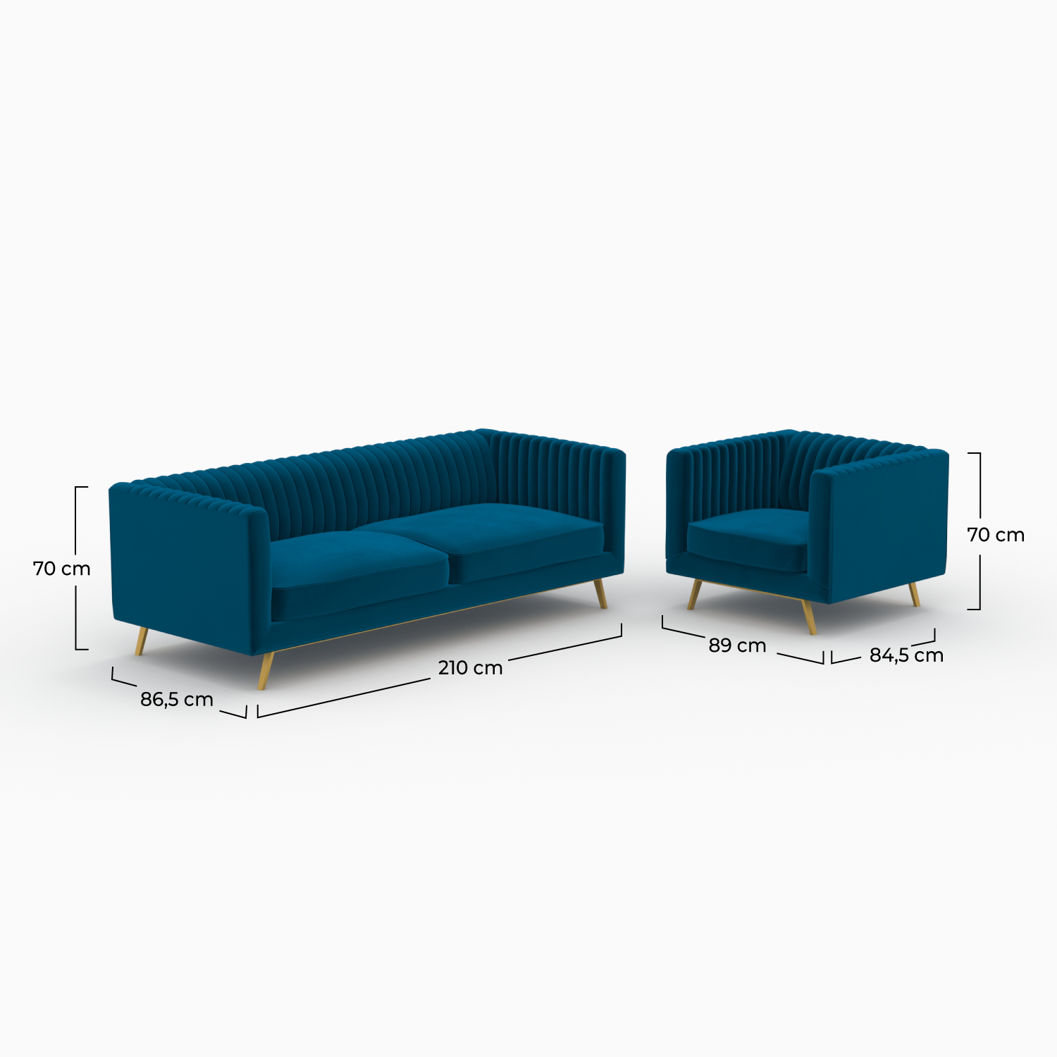 Conjunto de sofá y sillón Gatsby en terciopelo azul de 3 plazas