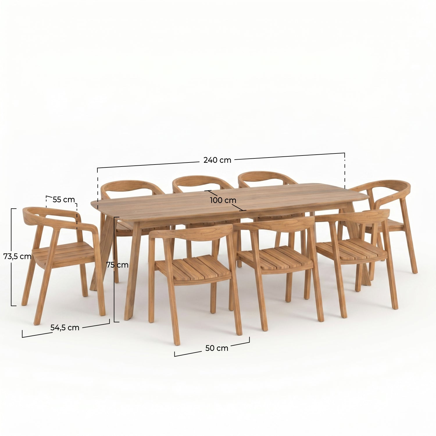 Table et chaises de jardin Lumo en bois de teck recyclé, 8 personnes