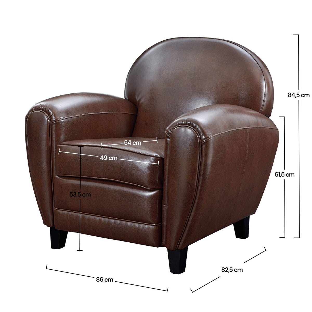 Dimensions fauteuil club marron foncé similicuir – Maison Pavane