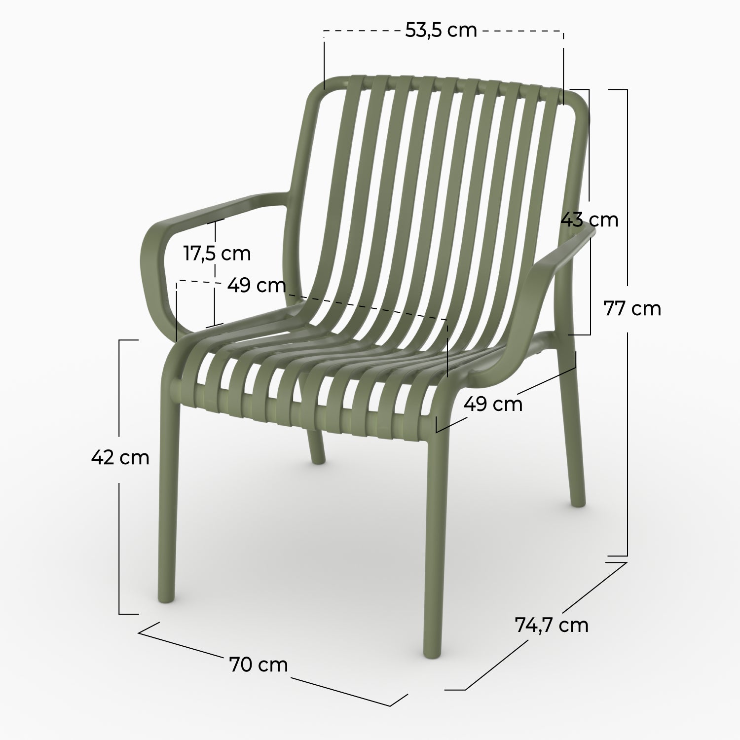 Dimensions fauteuil jardin Ivy accoudoirs plastique vert kaki