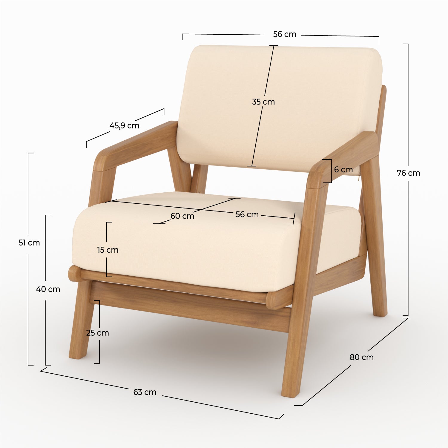 Dimensions fauteuil jardin Siargao acacia beige clair 63x80cm