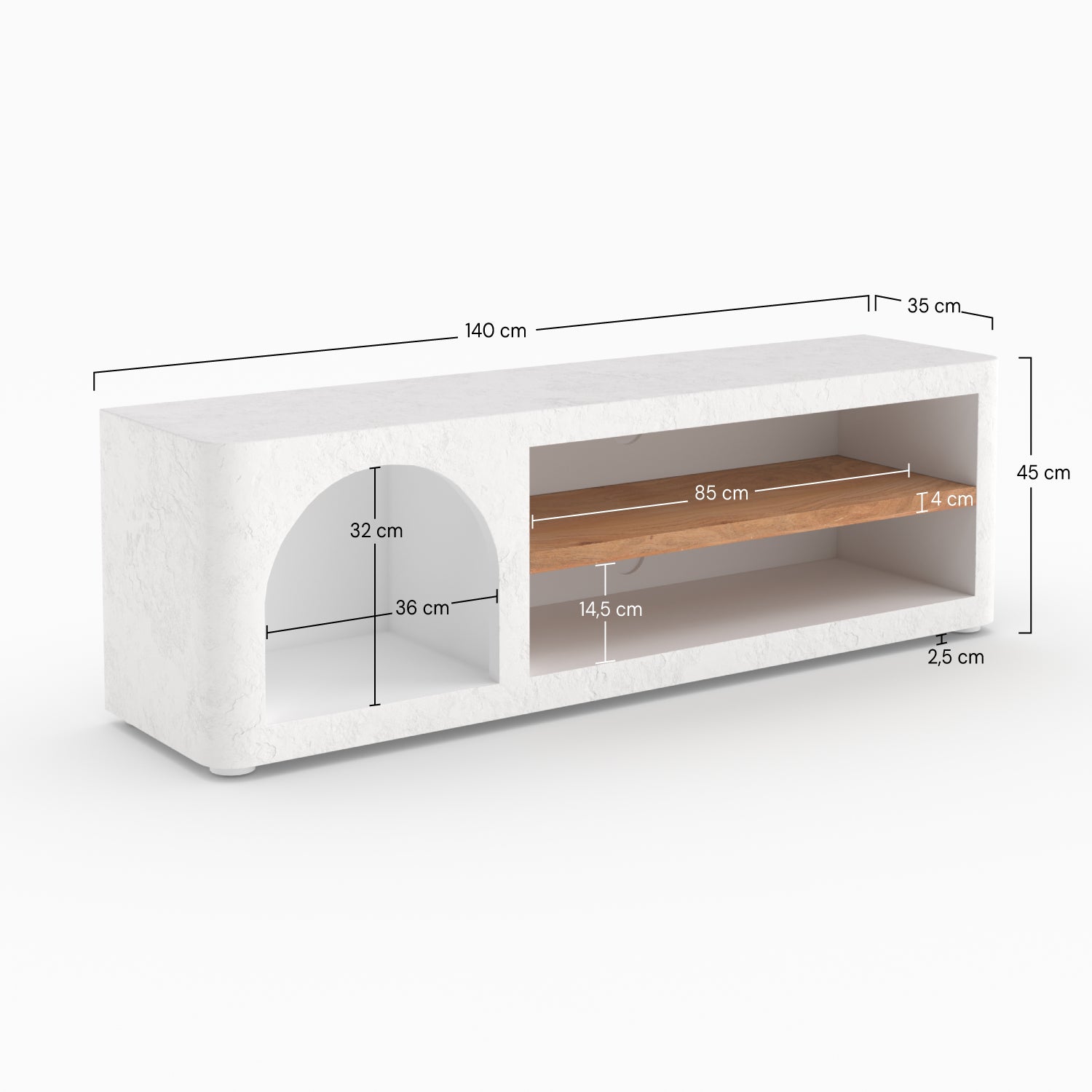 Dimensions meuble tv Fira 140cm 45cm plâtre blanc cassé schema côtés