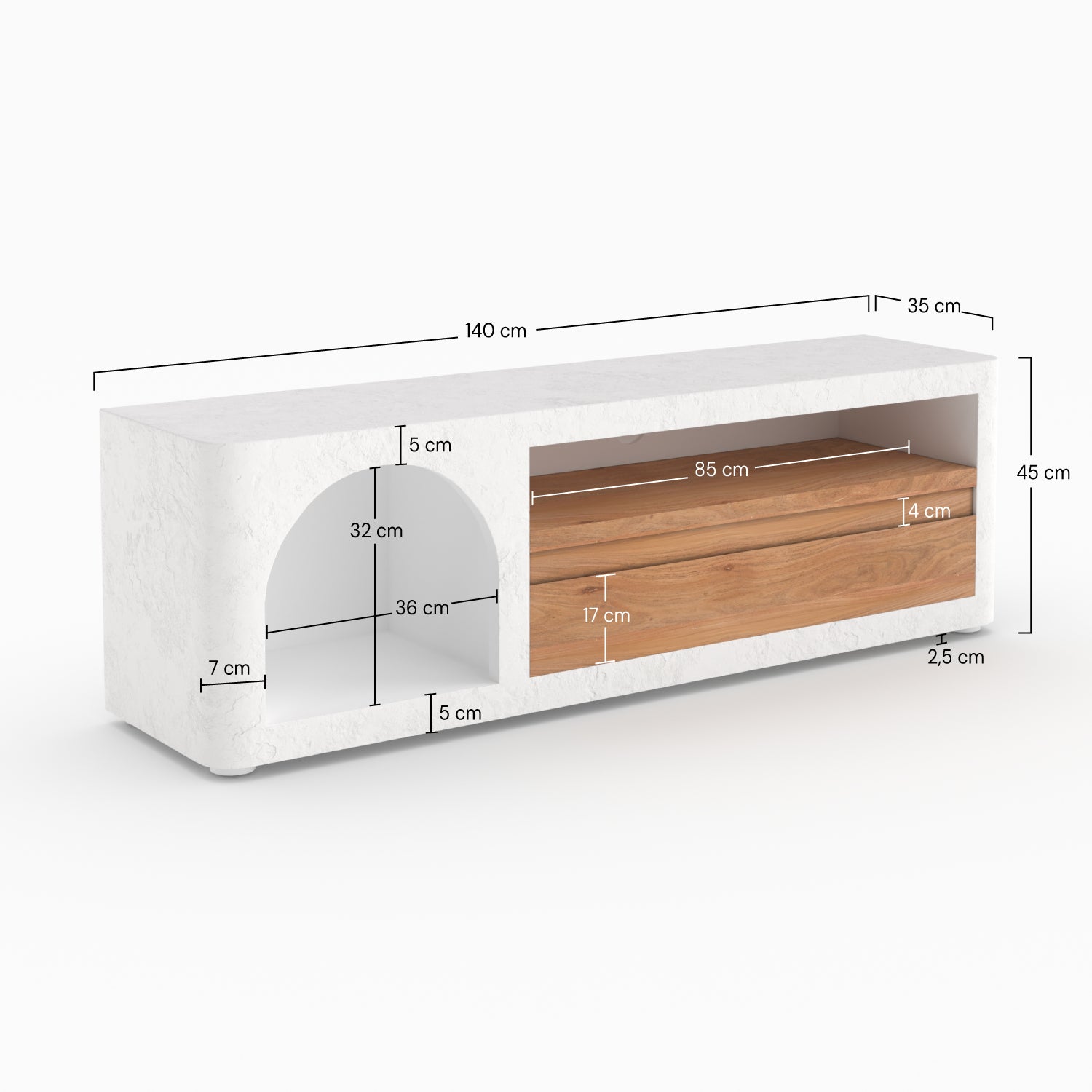 Dimensions meuble tv Fira 140cm plâtre blanc cassé schema côtés