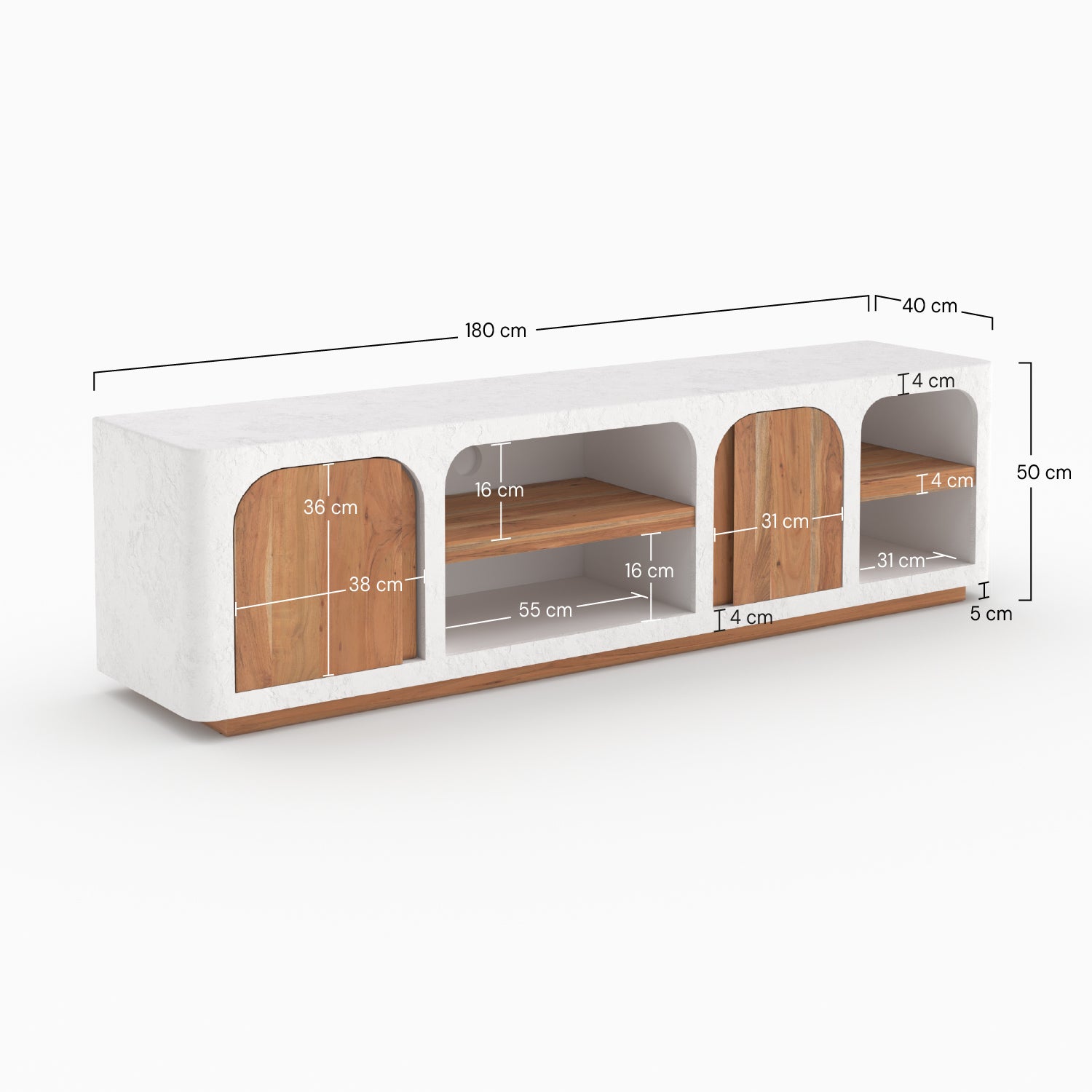 Dimensions meuble tv Fira 180cm 50cm plâtre blanc cassé schema côtés detailles