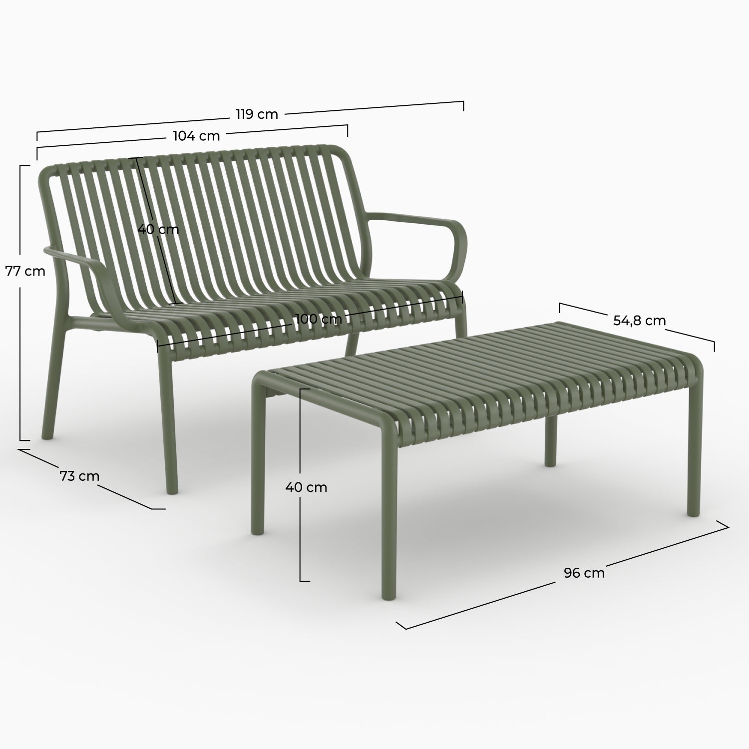Dimensions salon jardin 2 places Ivy plastique vert kaki