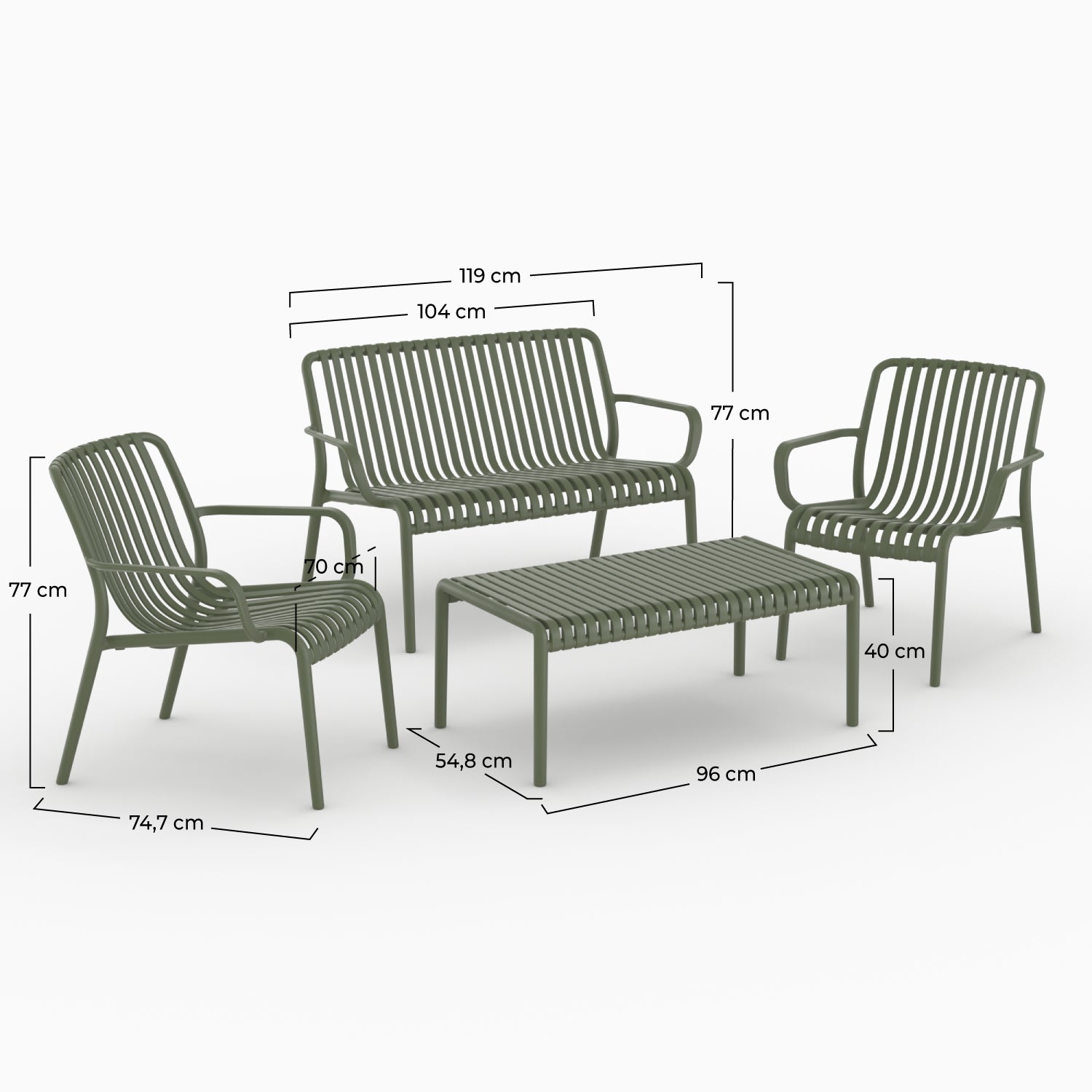 Dimensions salon jardin 4 places Ivy plastique vert kaki