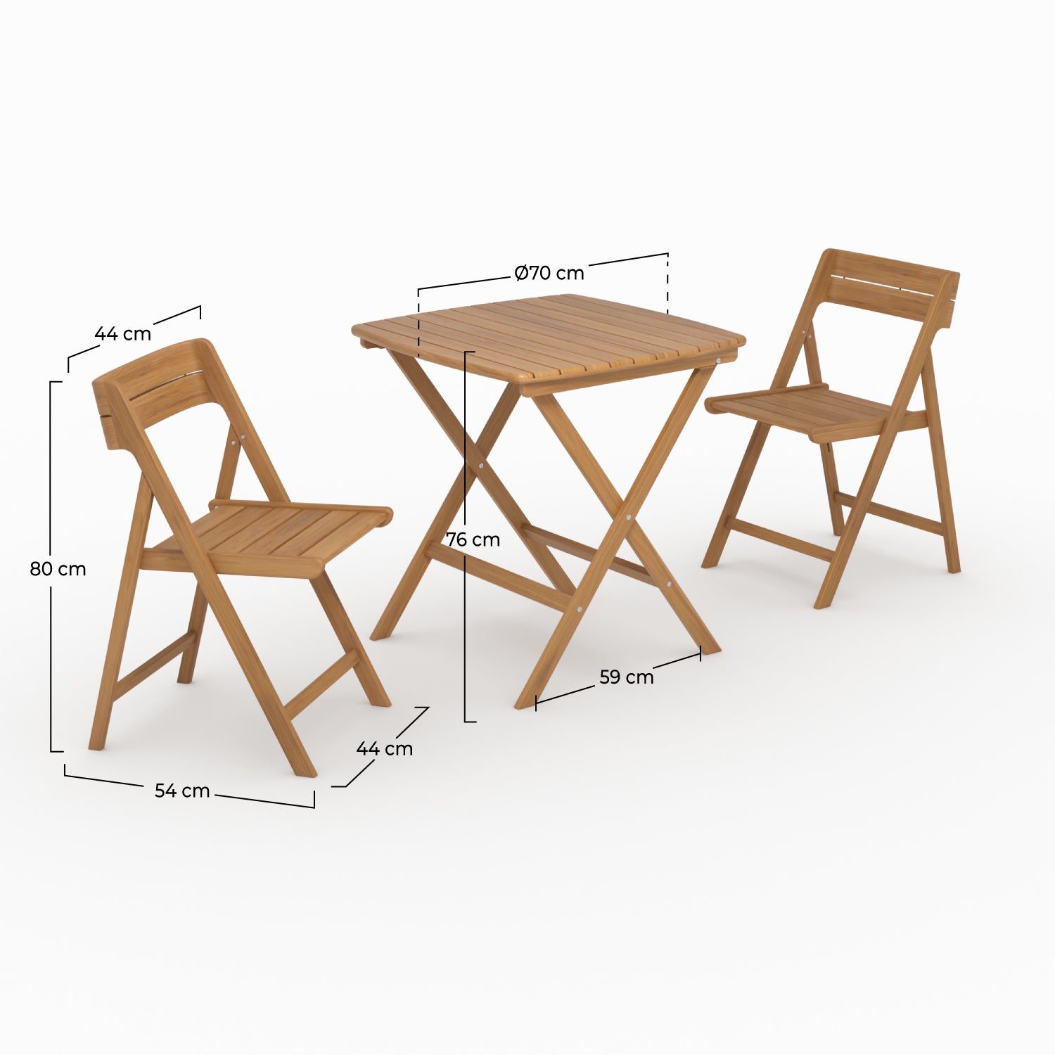 Dimensions table chaises jardin Siquijor acacia huilé 2 personnes