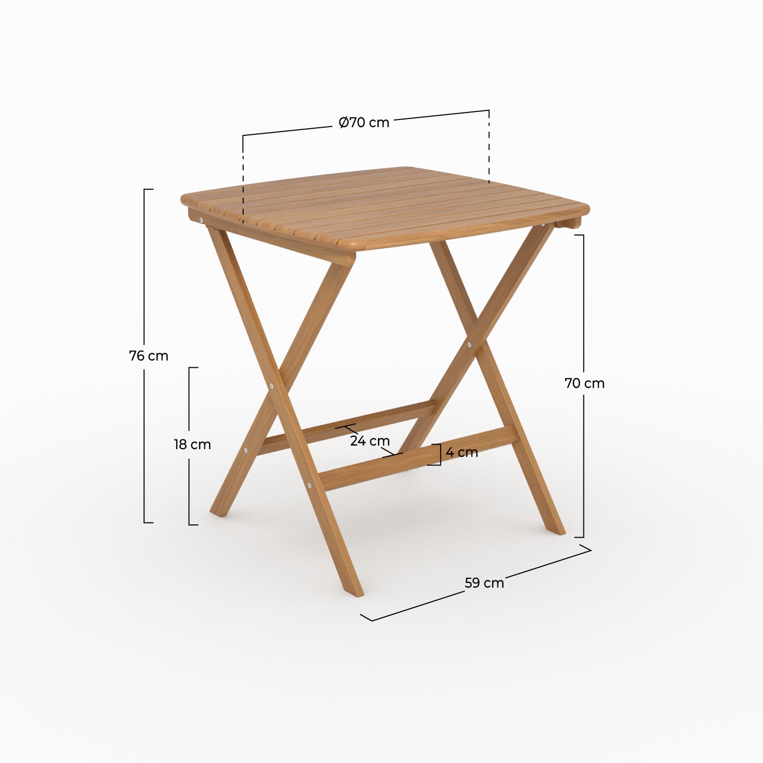 Dimensions table jardin pliante Siquijor carre acacia huilé 70x70cm