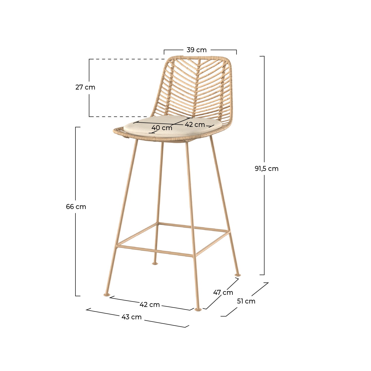 Silla de bar de media altura Tamara de ratán natural y beige 66 cm (lote de 2)