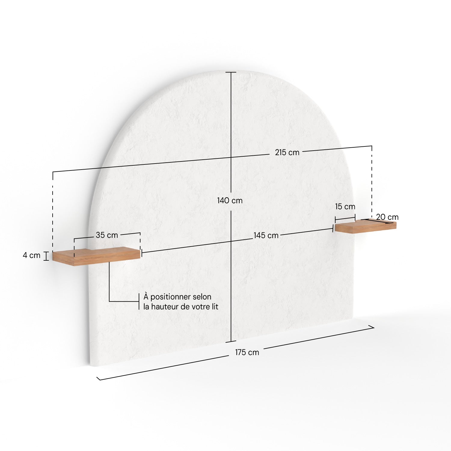 Dimensions tête de lit Fira 140cm 175cm plâtre blanc étagère bois
