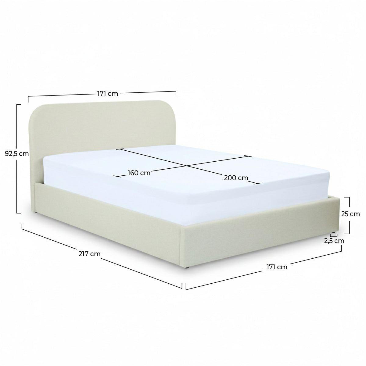 Dimensions lit double Tilly avec coffre 160x200 tissu gris beige – Maison Pavane