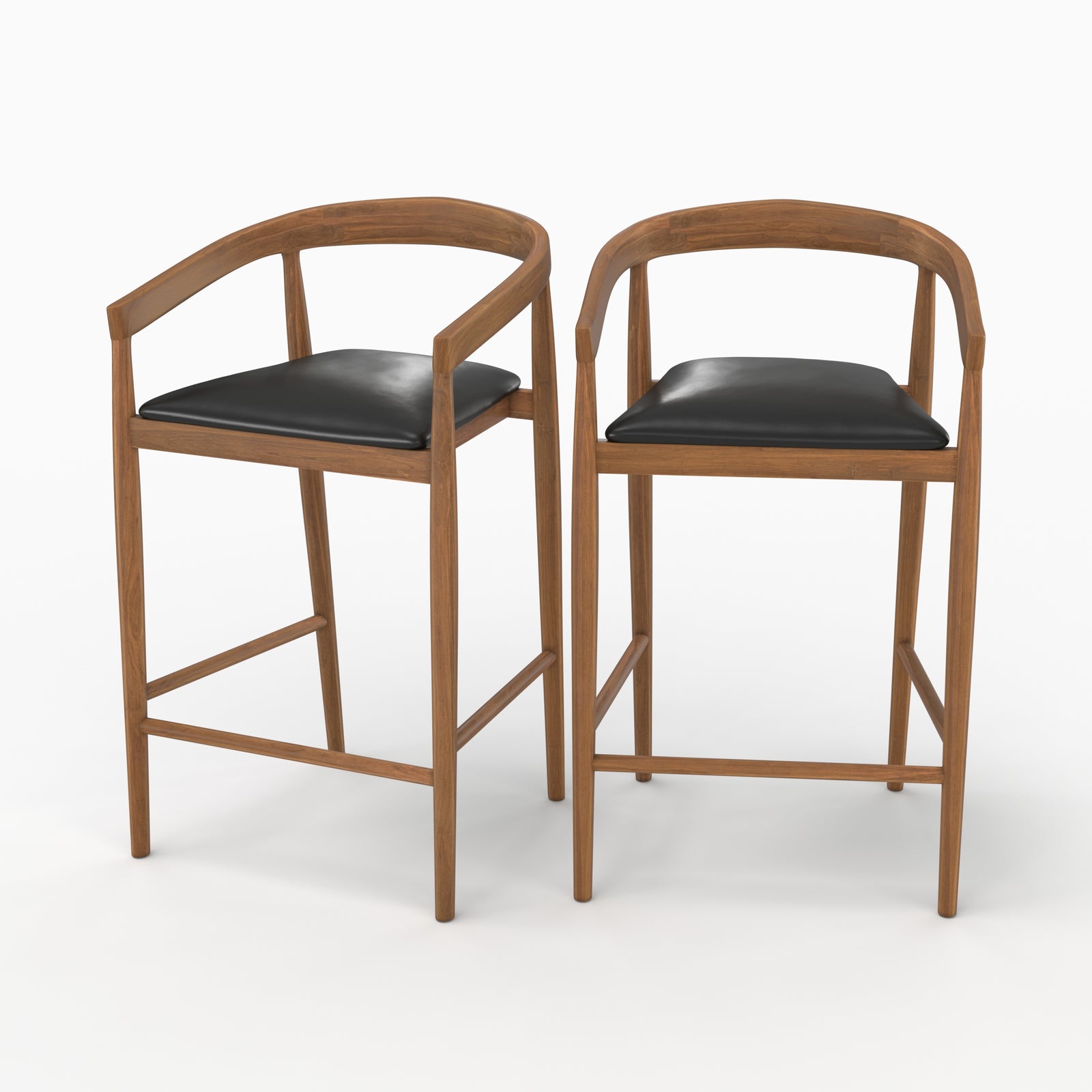 Duo chaises bar teck Bali assise cuir noir 77cm
