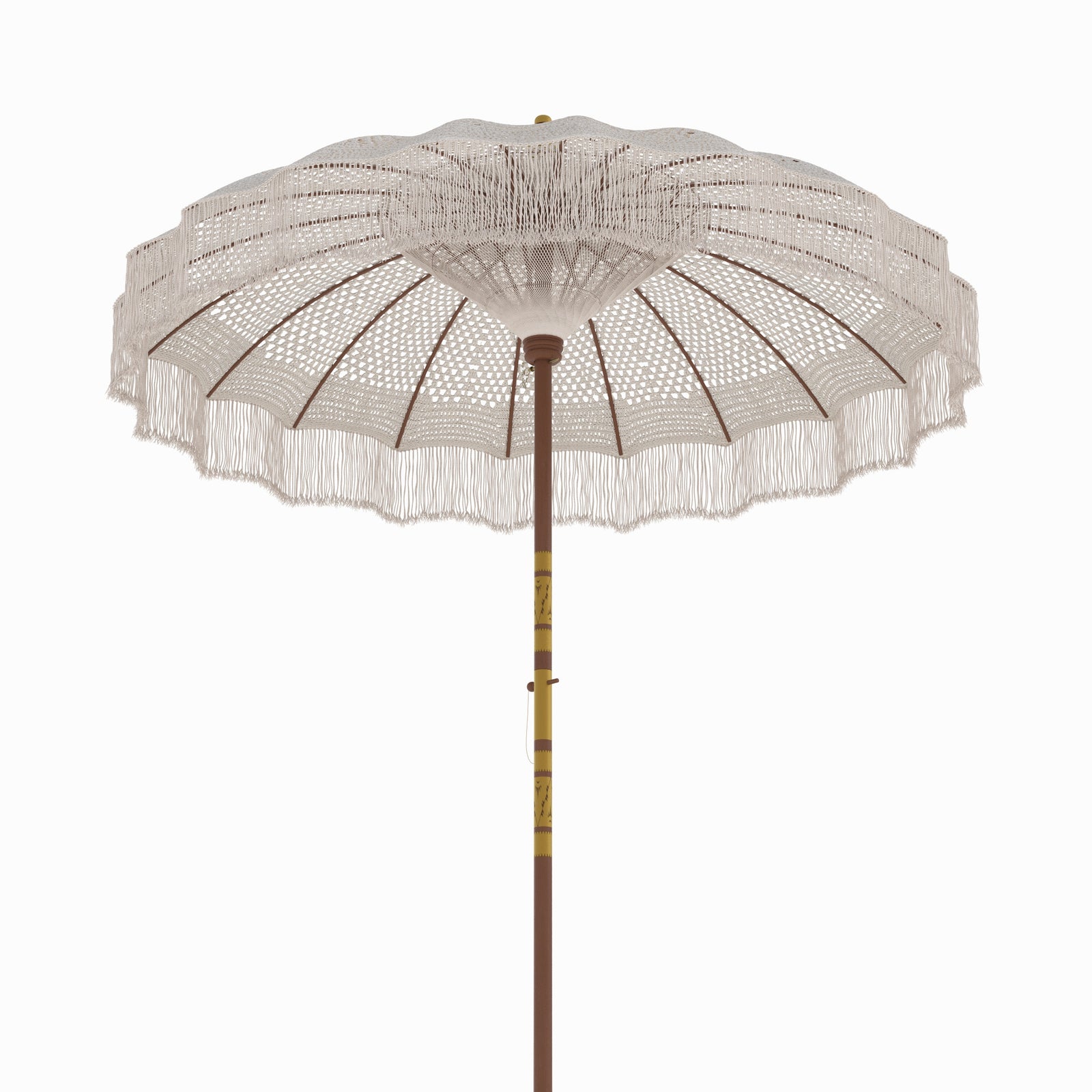ensemble de parasol coton macrame blanc pied bois de suar marron gravures blanches