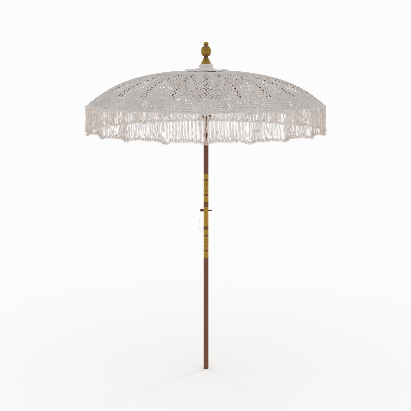 ensemble de parasol en coton macrame blanc pied bois de suar marron gravures blanches bois blanchi