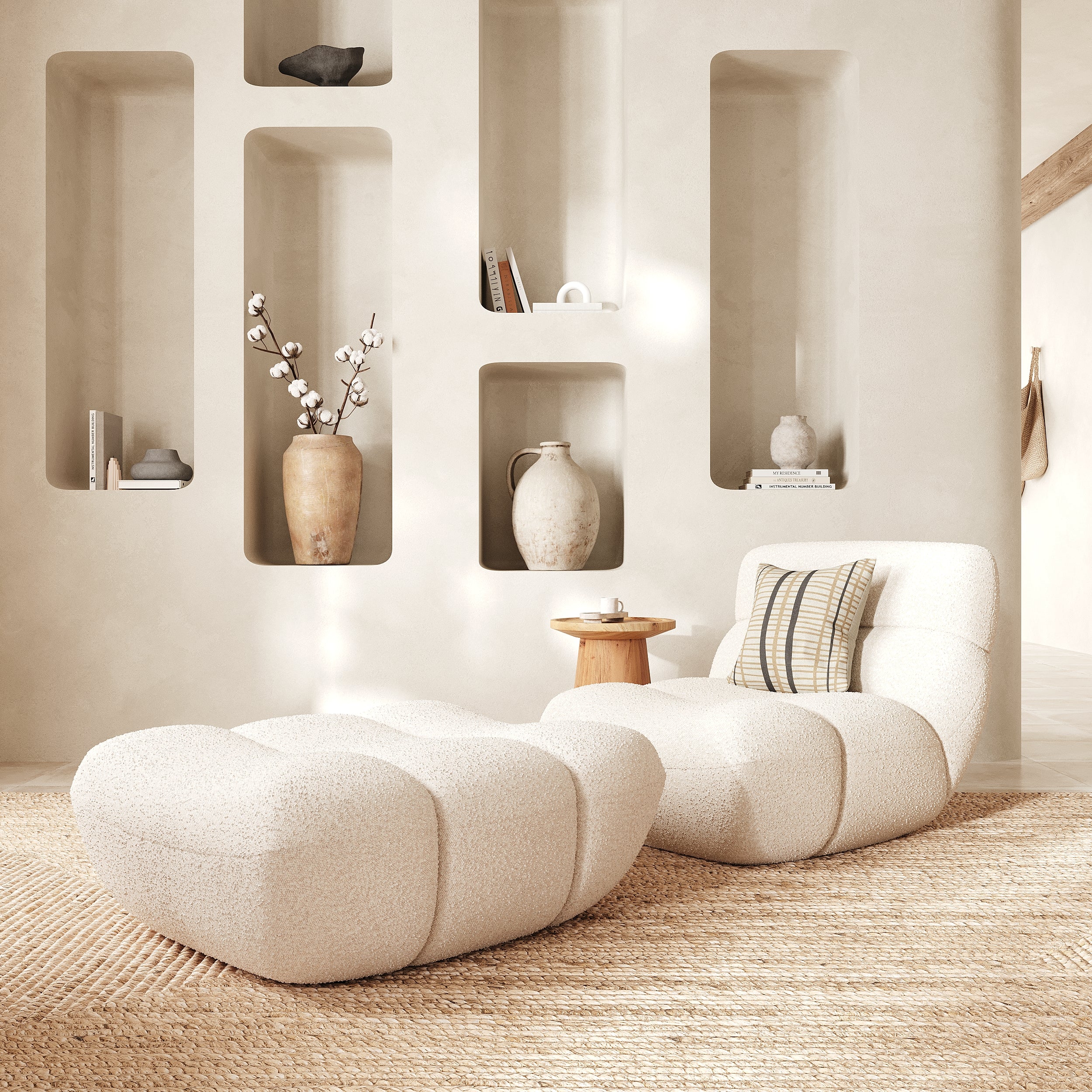 Ensemble fauteuil et pouf tissu bouclé teddy tissu blanc