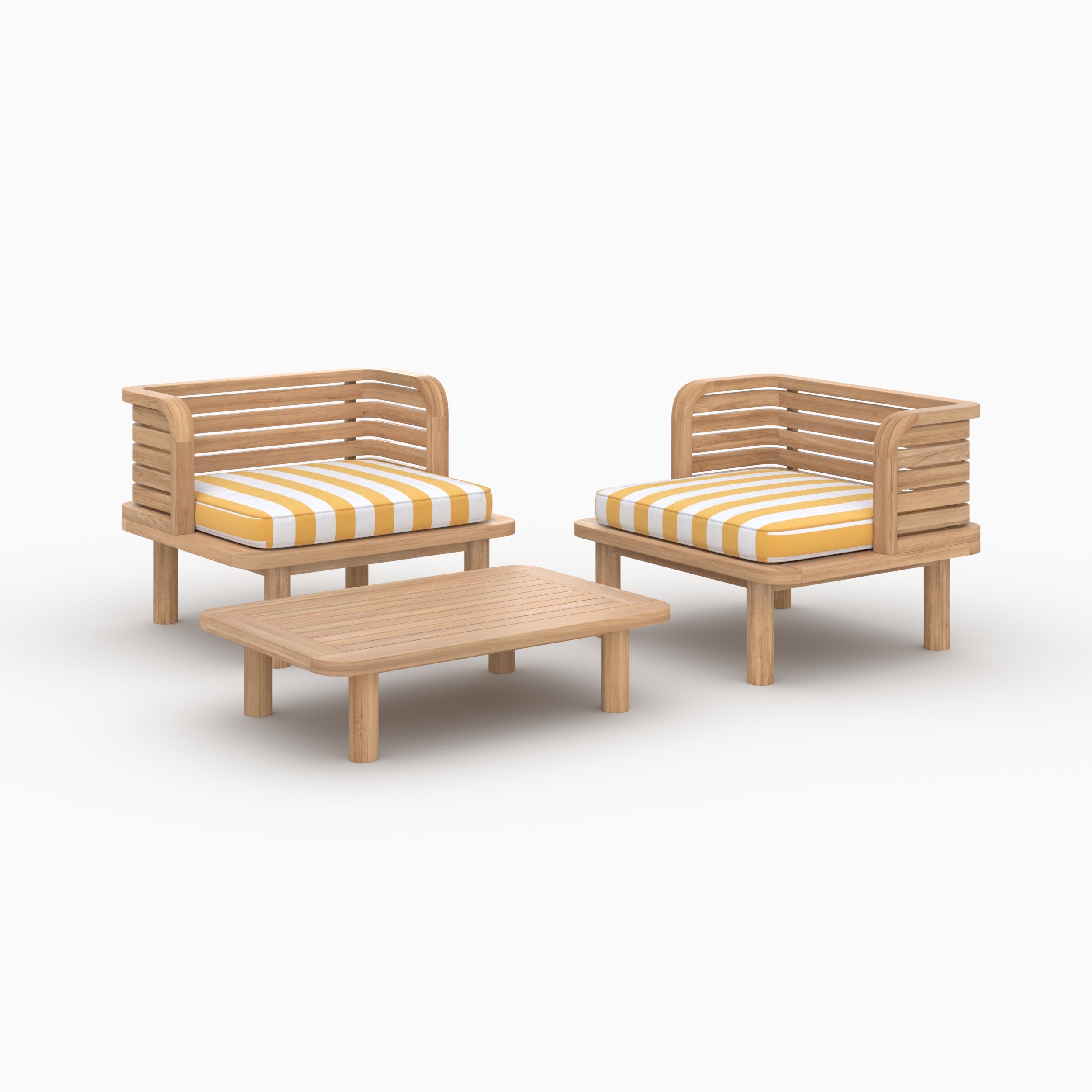 Ensemble salon de jardin Kilda teck rayé jaune 2 places 2 fauteuils