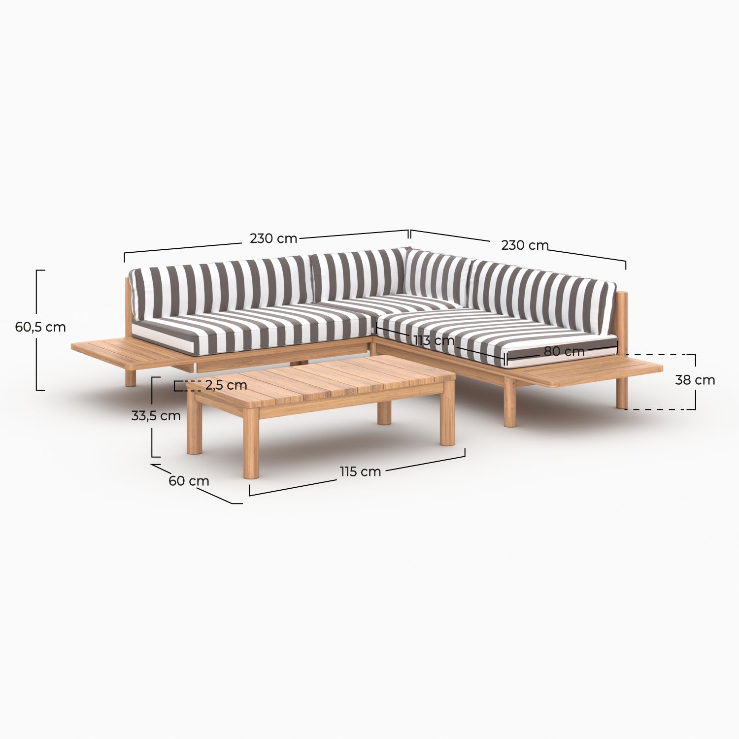 Ensemble salon jardin Nadila 4 personnes teck gris rayés