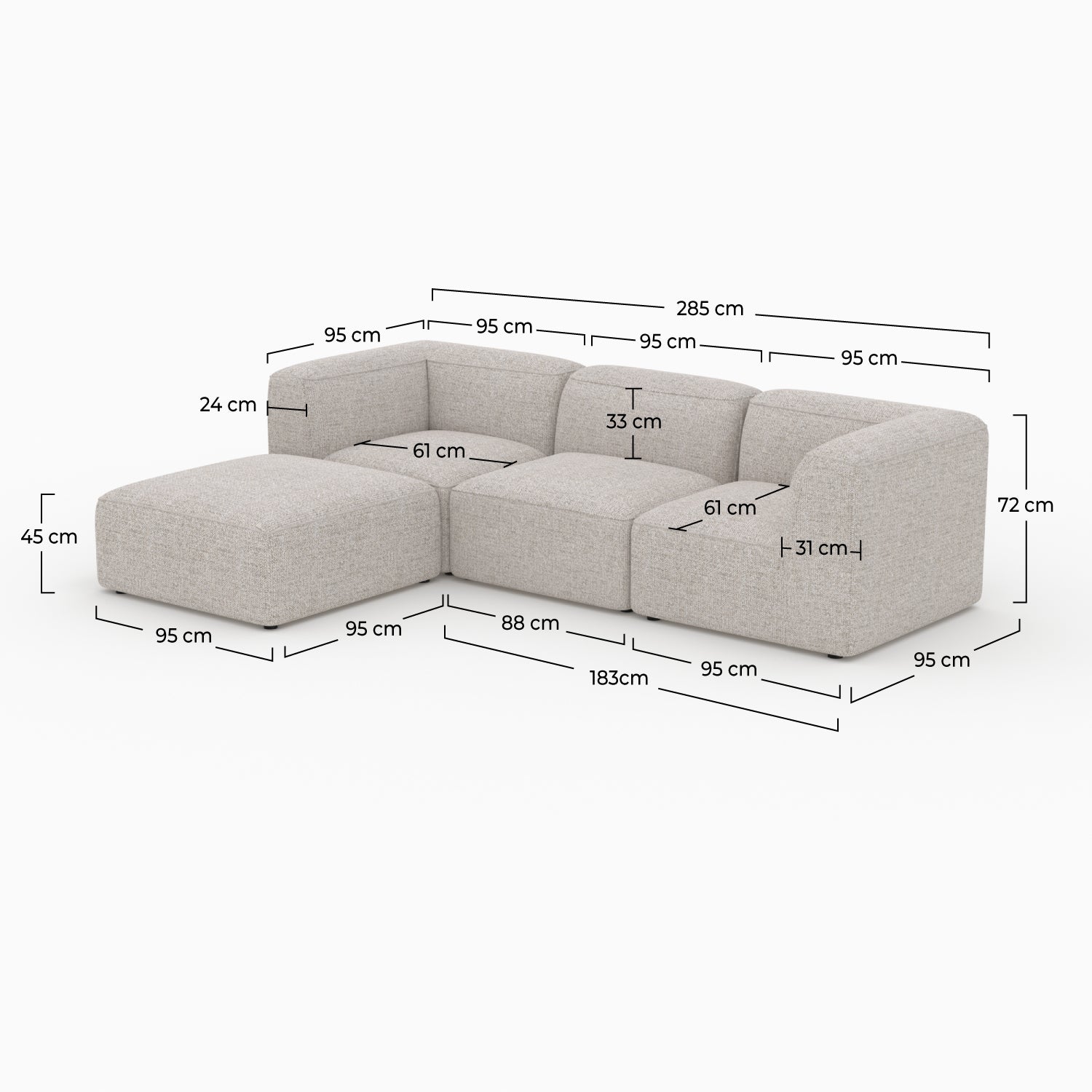 Ensemble salon Mina tissu beige canapé et pouf 3 places