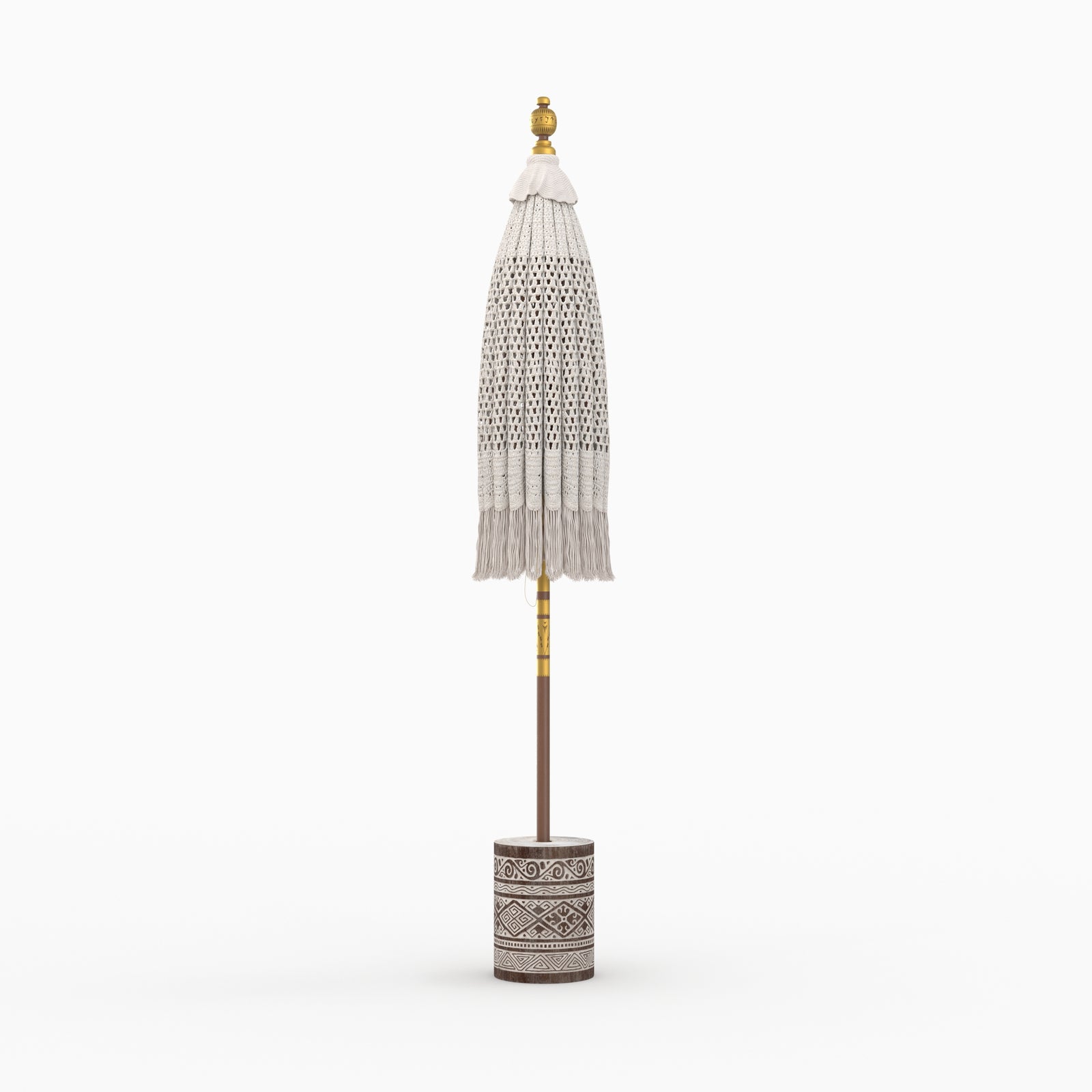 fakele parasol en macrame et pied de parasol en bois de suar et gravures blanches
