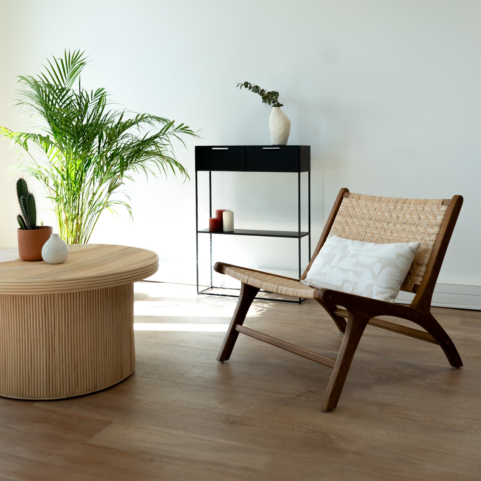 fauteuil bois de teck chevron tressage rotin kilka