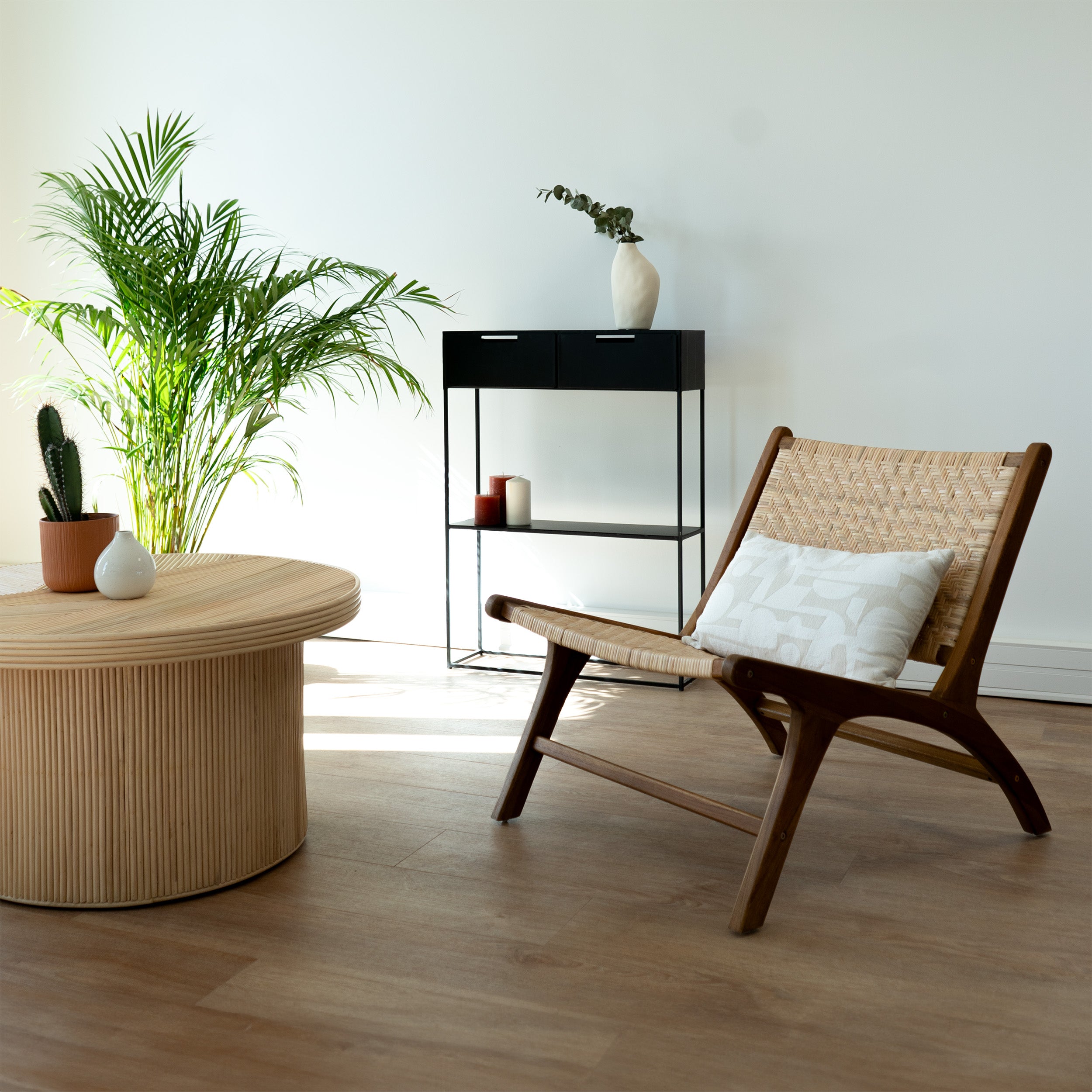 fauteuil bois de teck chevron tressage rotin kilka