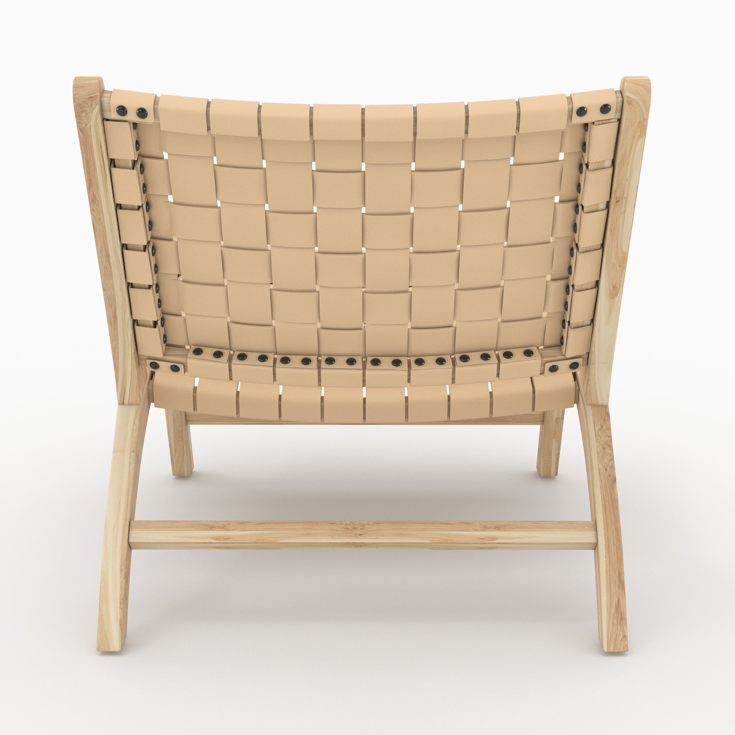 poltrona in pelle intrecciata beige e legno di teak kuna