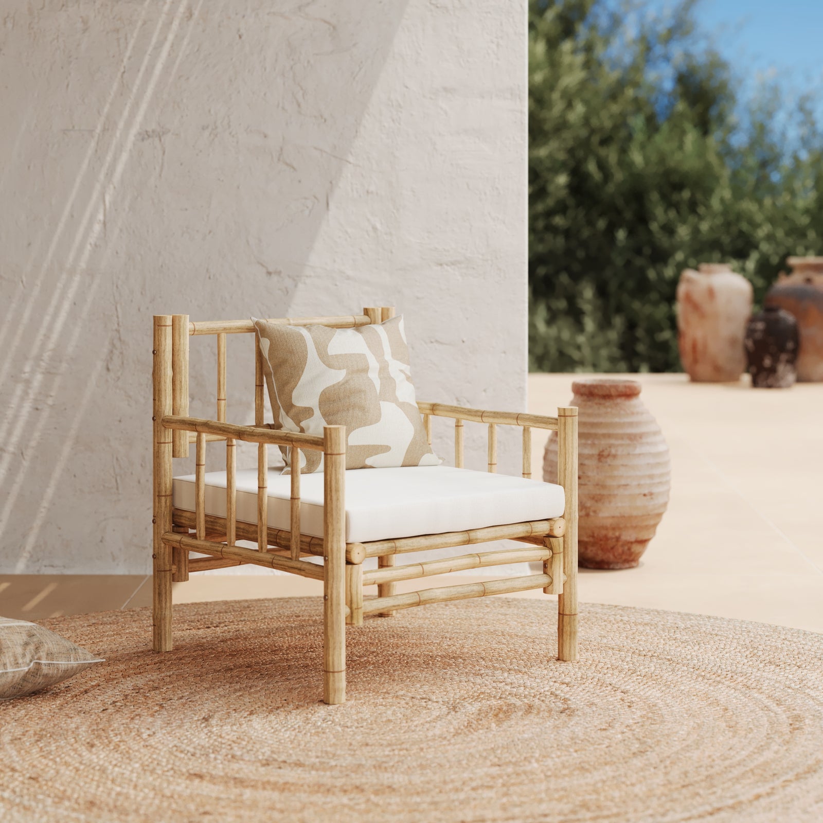 Fauteuil de jardin en bambou Vadella tissu blanc et bois