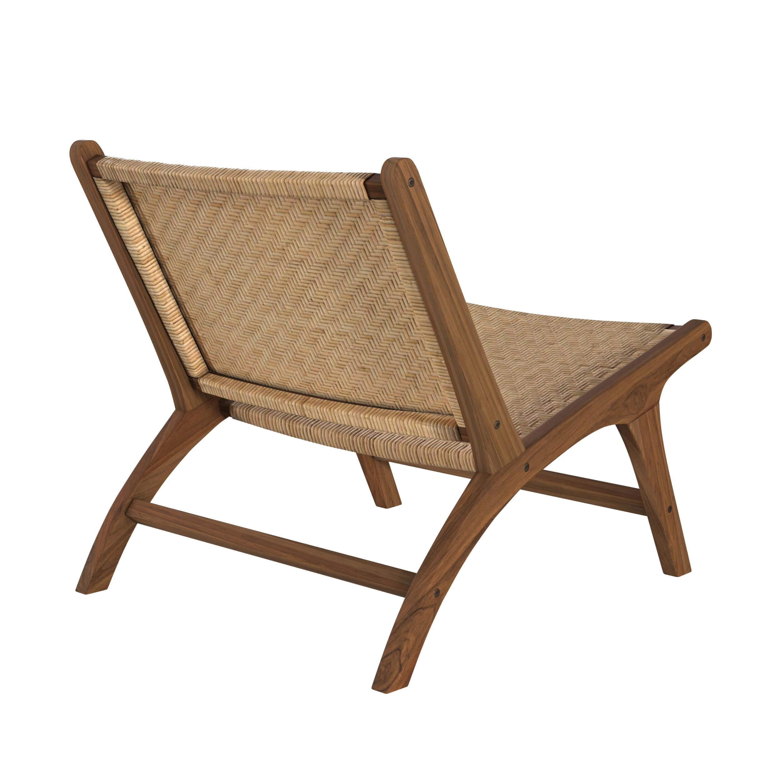 poltrona in legno di teak con tessitura a zig-zag in rattan