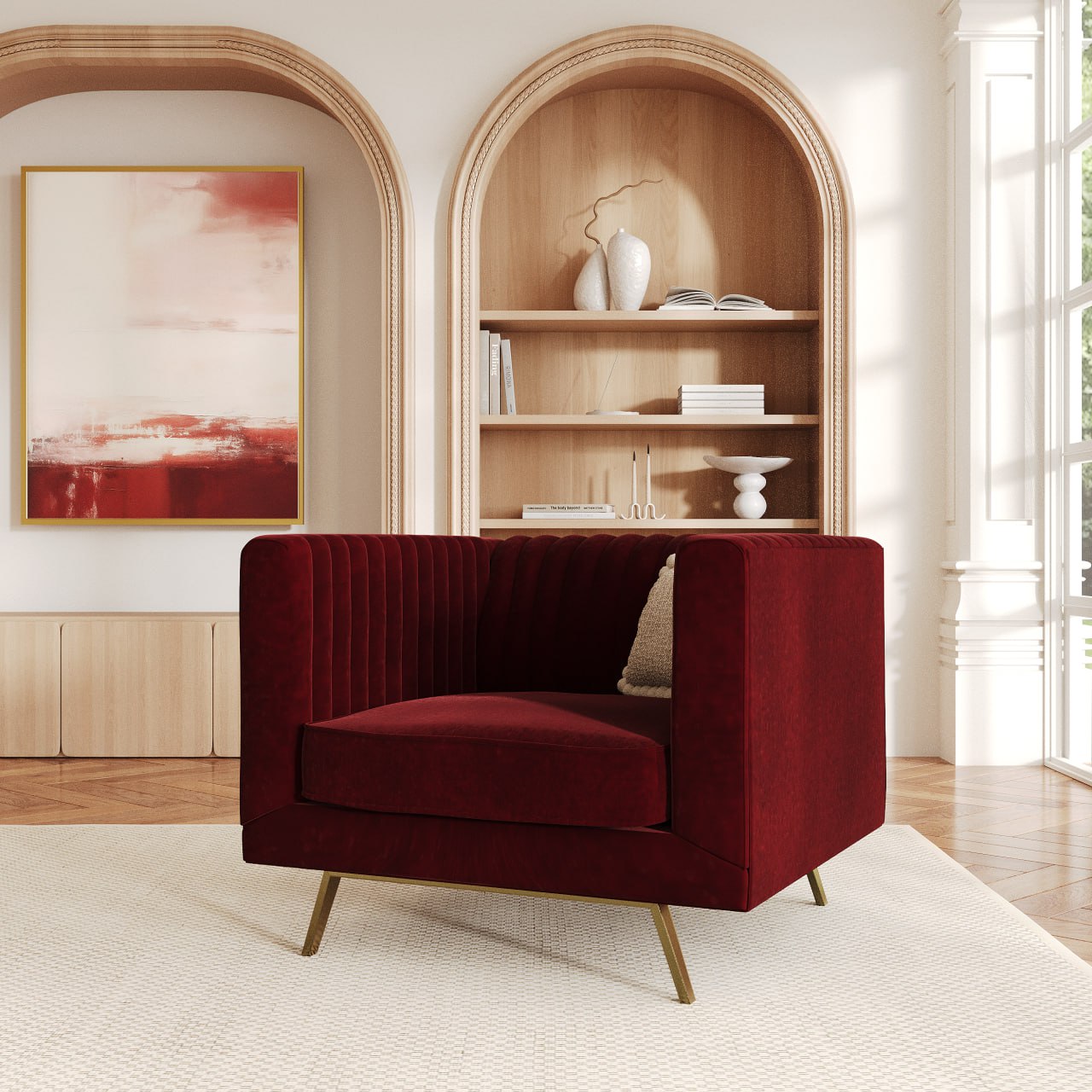 Fauteuil en velours rouge foncé bordeaux pieds dorés