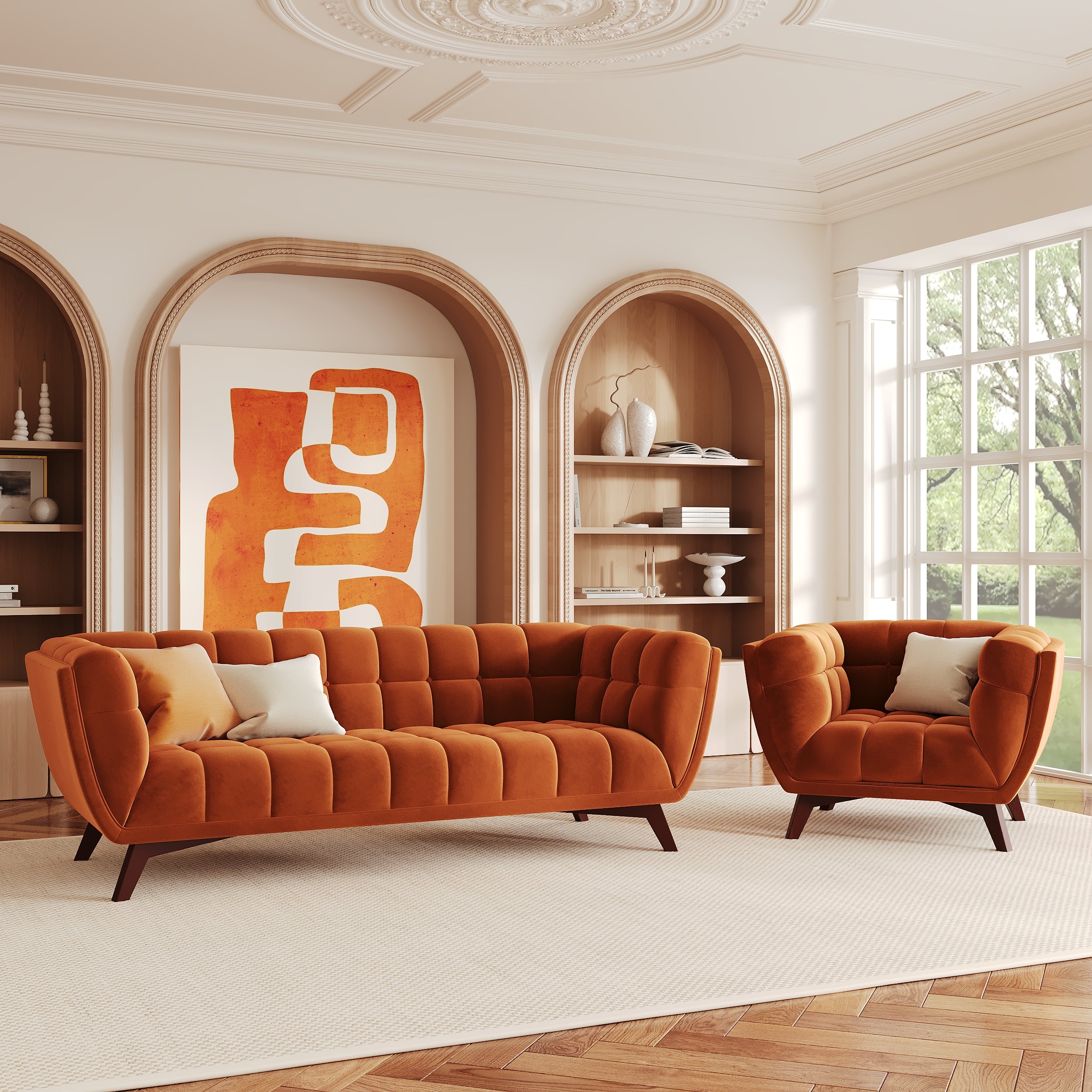 fauteuil et canape orange terracotta velours 4 personnes