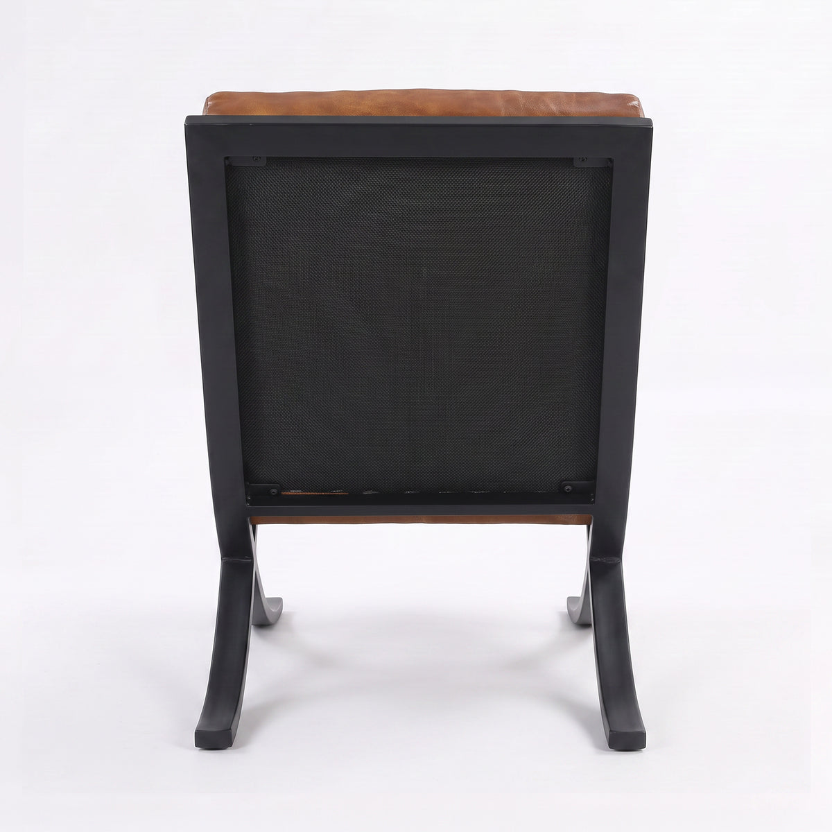 Fauteuil Gustave en cuir de buffle marron et pieds en métal noir, vue de dos - Maison Pavane