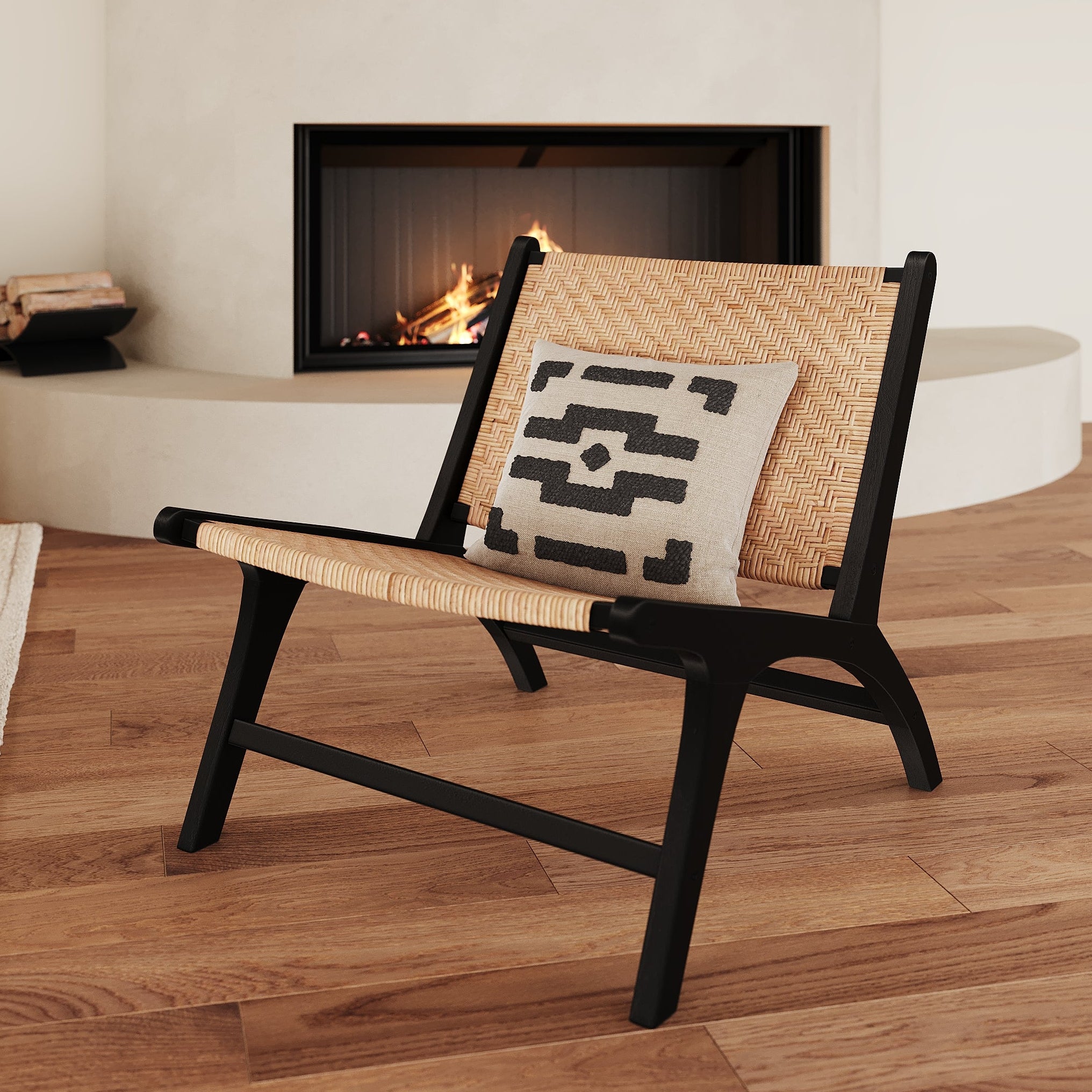 Fauteuil Kilka teck noir et tressage chevron et rotin bohème
