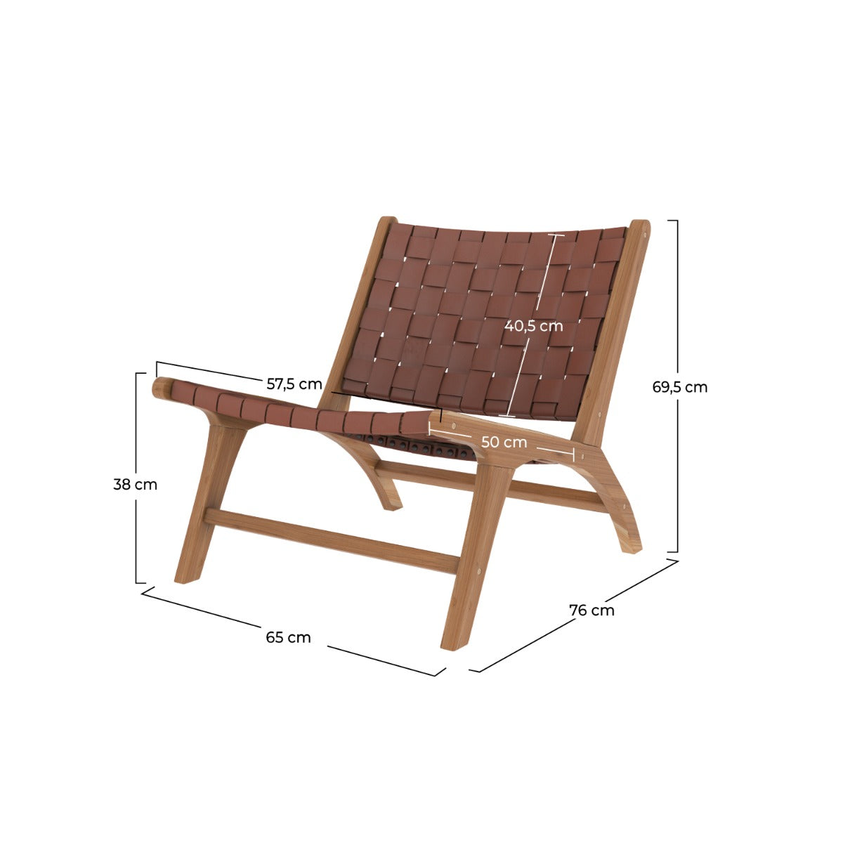 poltrona kuna in pelle intrecciata marrone e teak