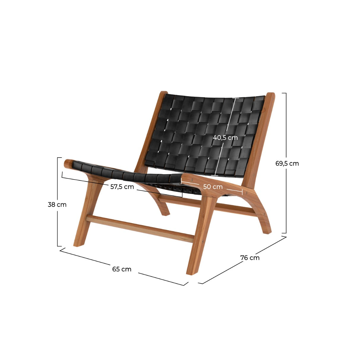 poltrona kuna in pelle intrecciata nera e in teak